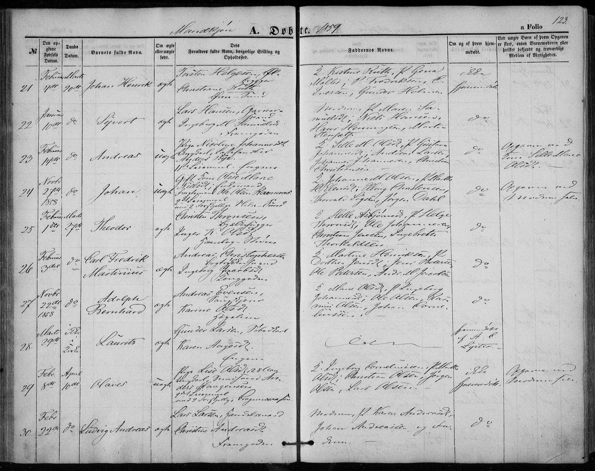 Bragernes kirkebøker, AV/SAKO-A-6/F/Fb/L0002: Parish register (official) no. II 2, 1848-1859, p. 123