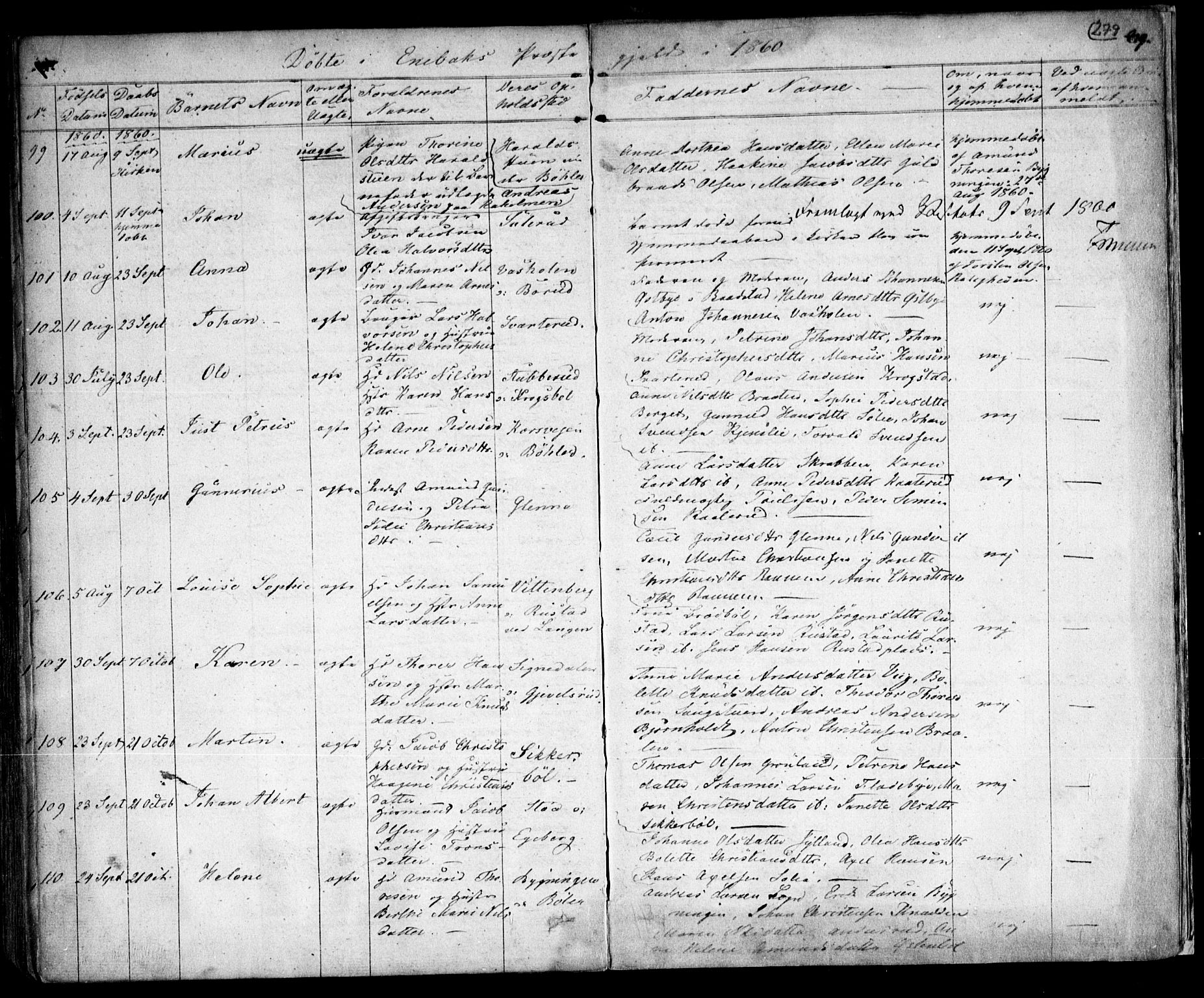 Enebakk prestekontor Kirkebøker, SAO/A-10171c/F/Fa/L0009: Parish register (official) no. I 9, 1832-1861, p. 279