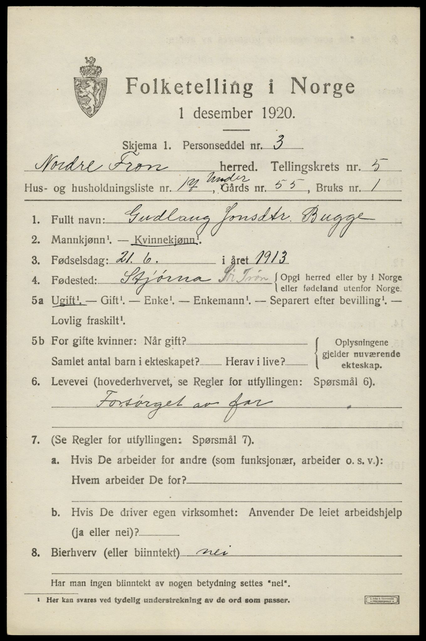 SAH, 1920 census for Nord-Fron, 1920, p. 4912