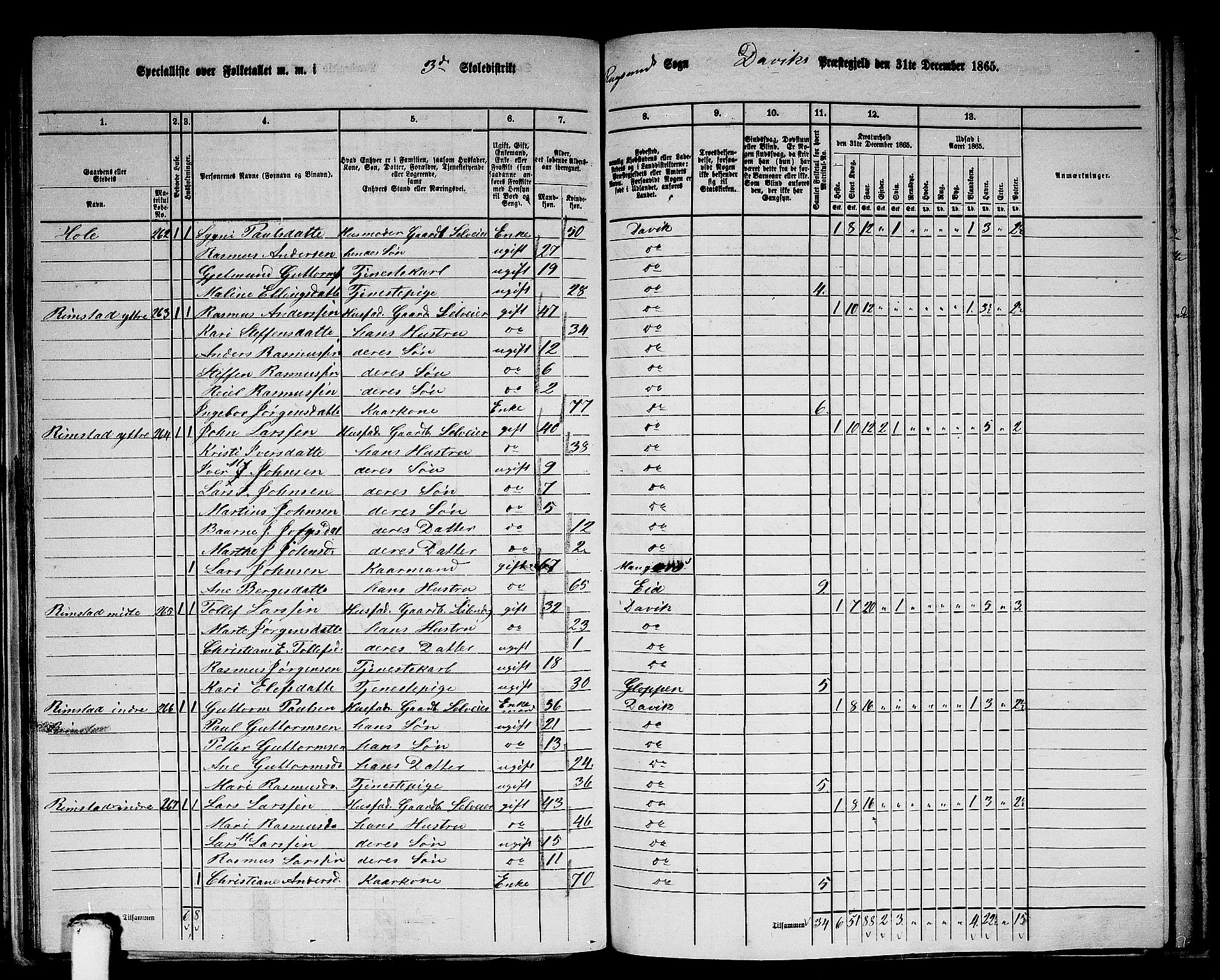 RA, 1865 census for Davik, 1865, p. 67