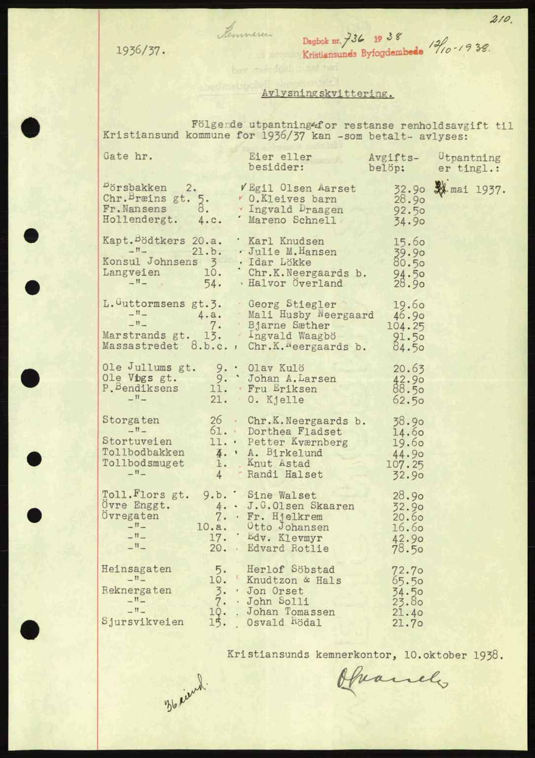 Kristiansund byfogd, SAT/A-4587/A/27: Mortgage book no. 31, 1938-1939, Diary no: : 736/1938