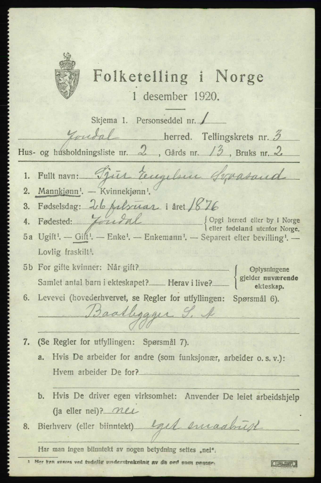 SAB, 1920 census for Jondal, 1920, p. 1758