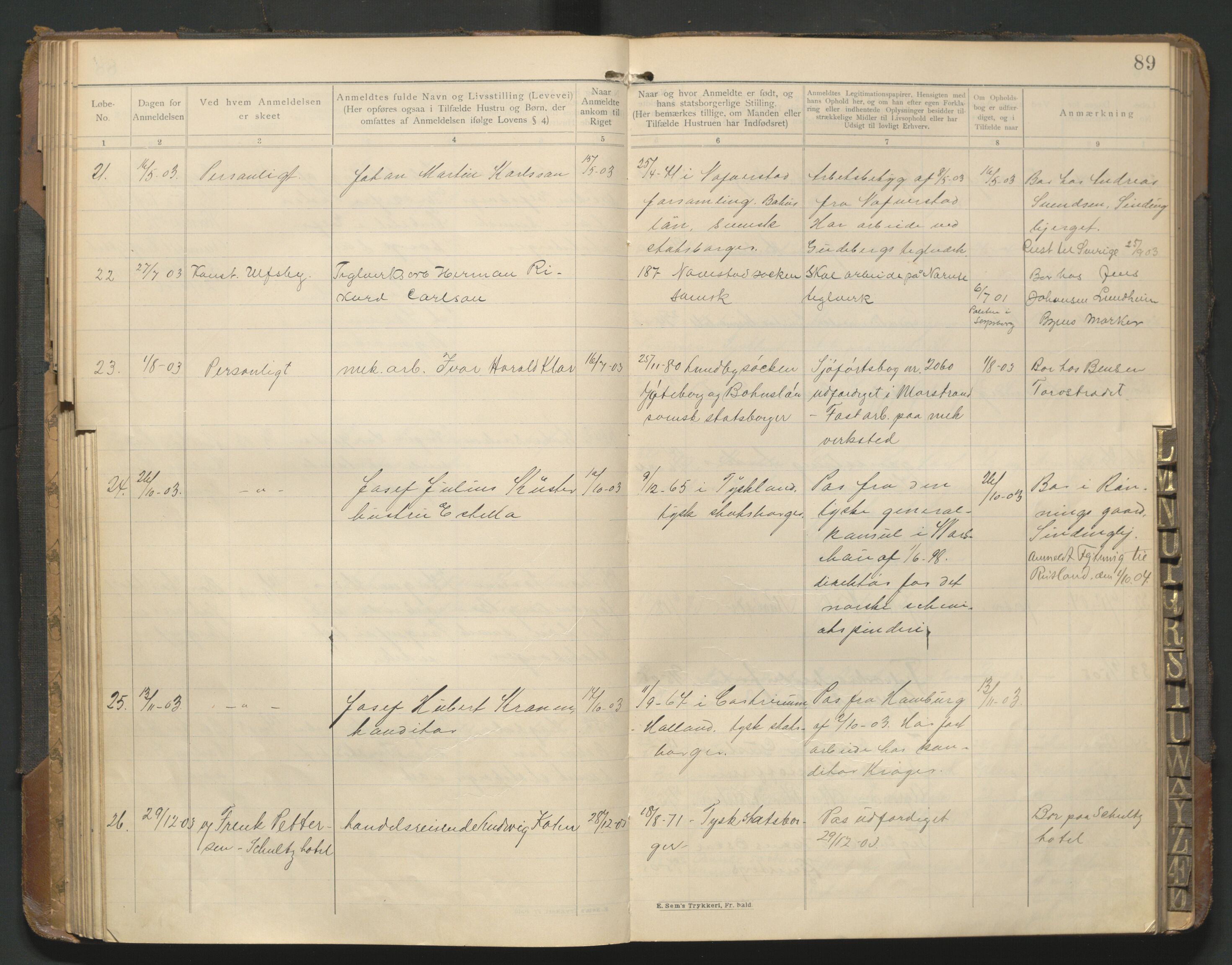 Fredrikstad politikammer, AV/SAO-A-10055/H/Hb/Hba/L0001: Protokoll over fremmede statsborgere, 1901-1916, p. 88b-89a