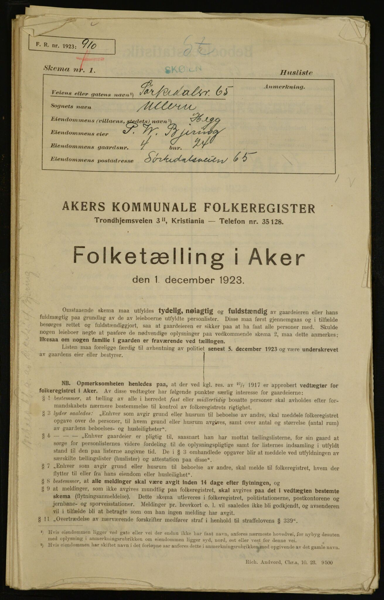 , Municipal Census 1923 for Aker, 1923, p. 5659