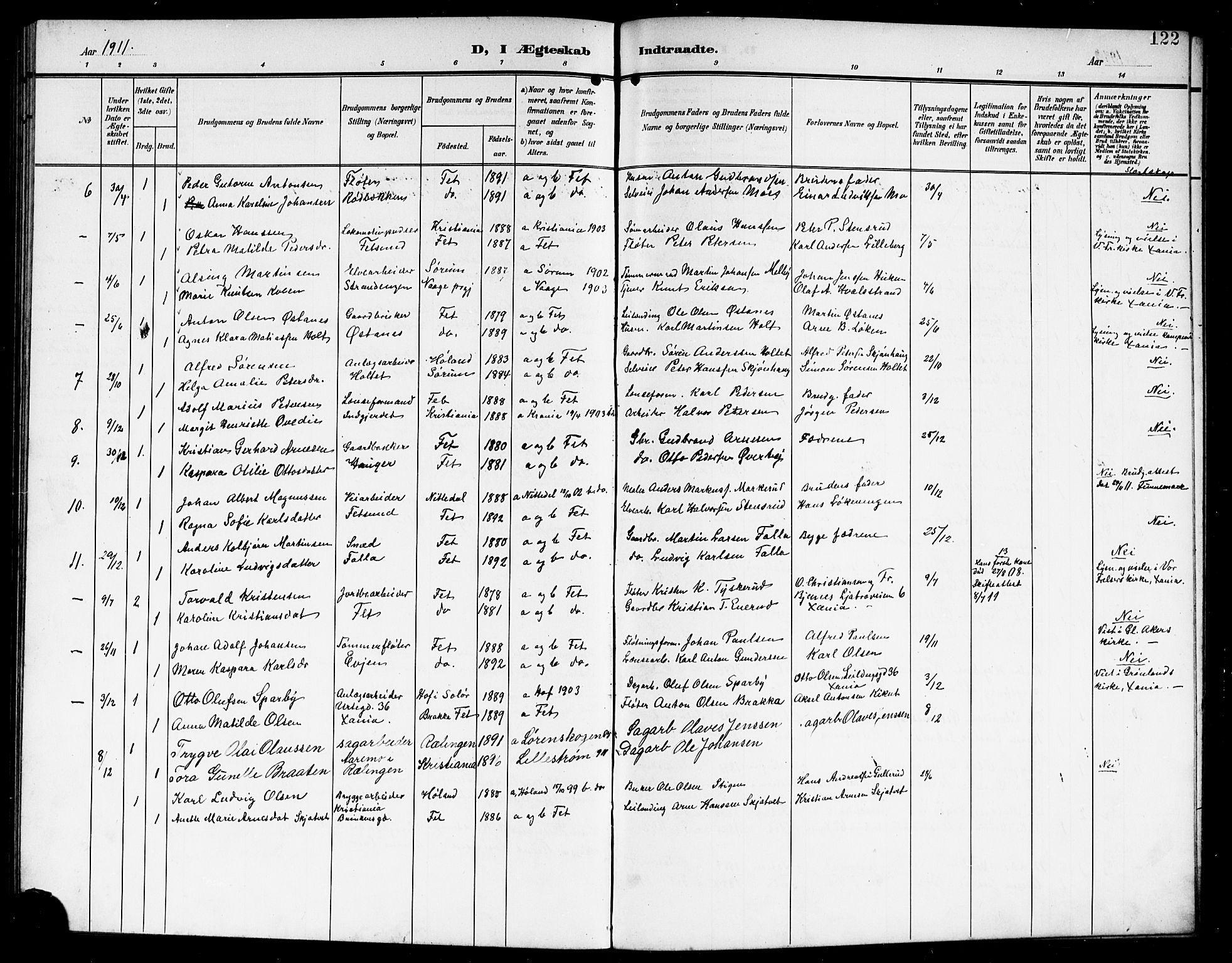 Fet prestekontor Kirkebøker, SAO/A-10370a/G/Ga/L0008: Parish register (copy) no. I 8, 1907-1920, p. 122