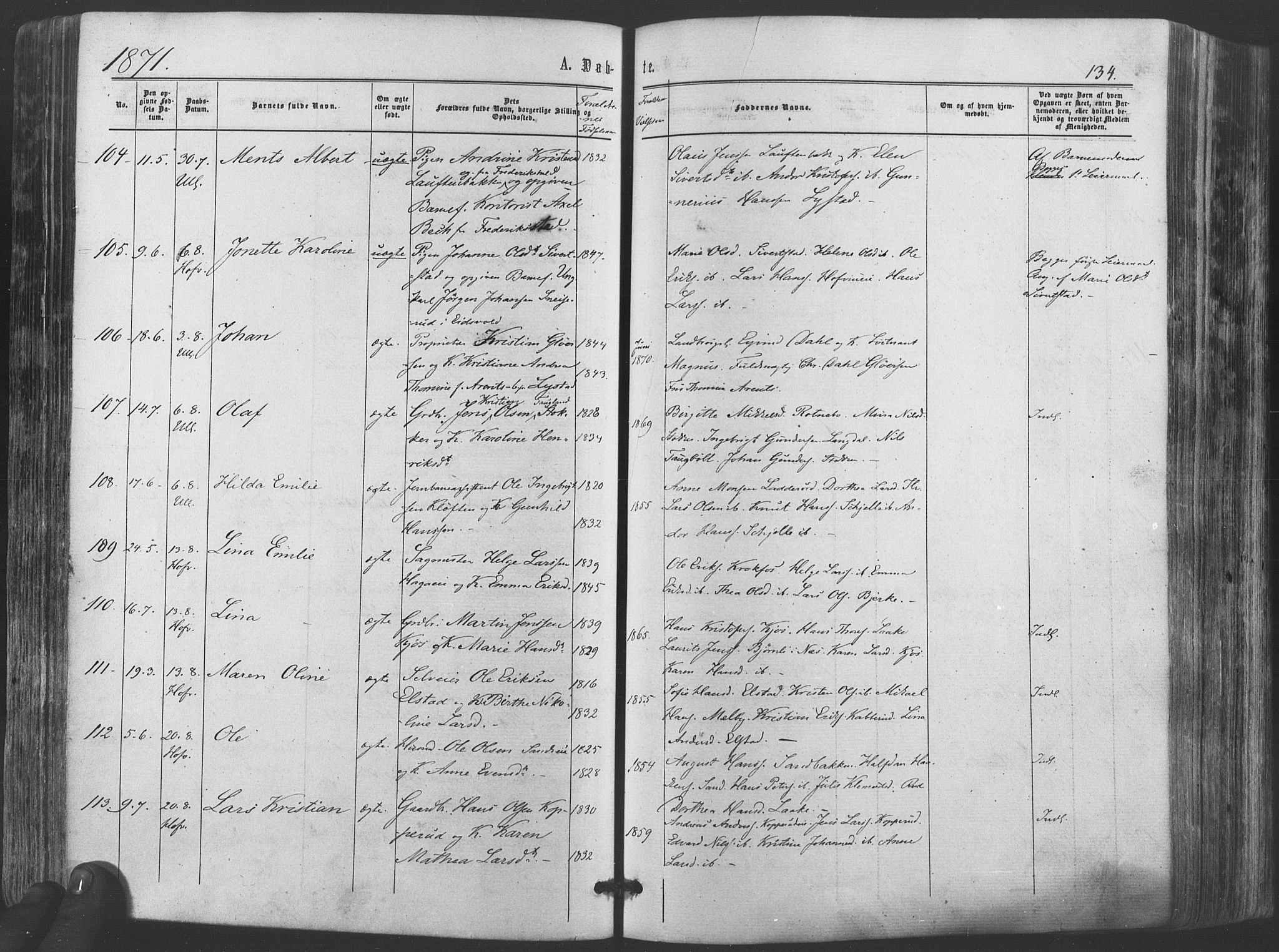 Ullensaker prestekontor Kirkebøker, SAO/A-10236a/F/Fa/L0016: Parish register (official) no. I 16, 1863-1875, p. 134