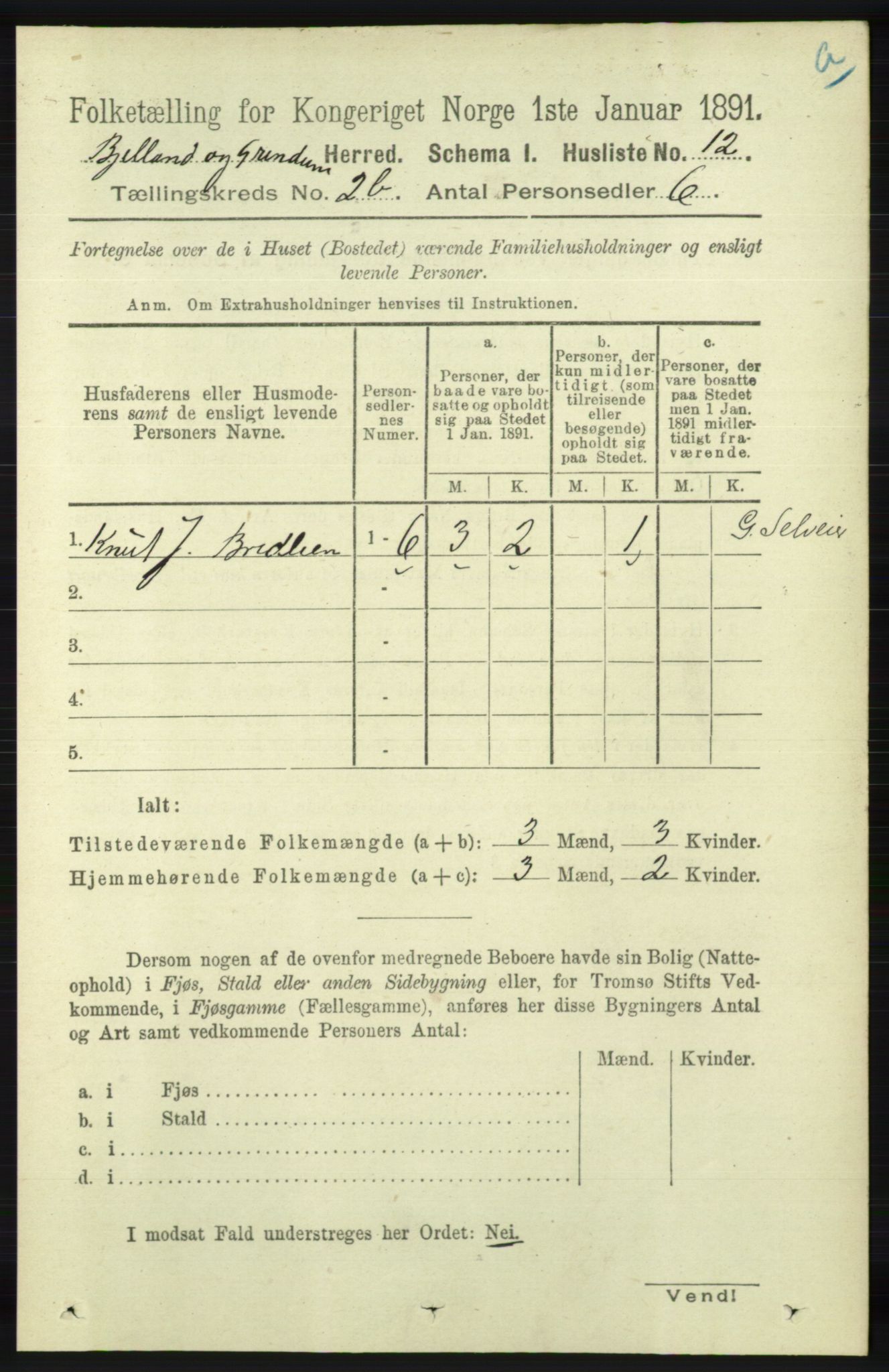 RA, 1891 census for 1024 Bjelland og Grindheim, 1891, p. 1088