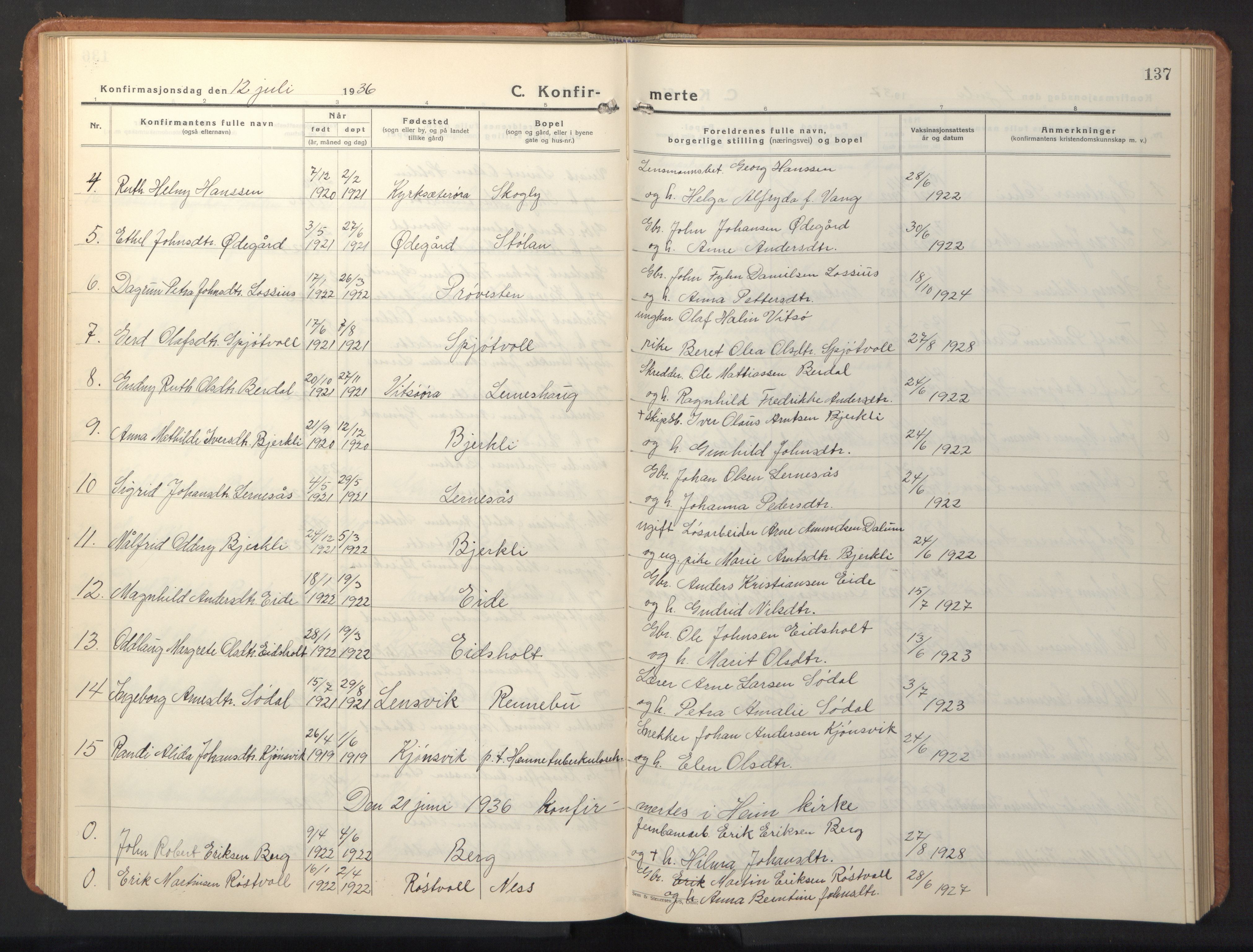 Ministerialprotokoller, klokkerbøker og fødselsregistre - Sør-Trøndelag, SAT/A-1456/630/L0508: Parish register (copy) no. 630C06, 1933-1950, p. 137