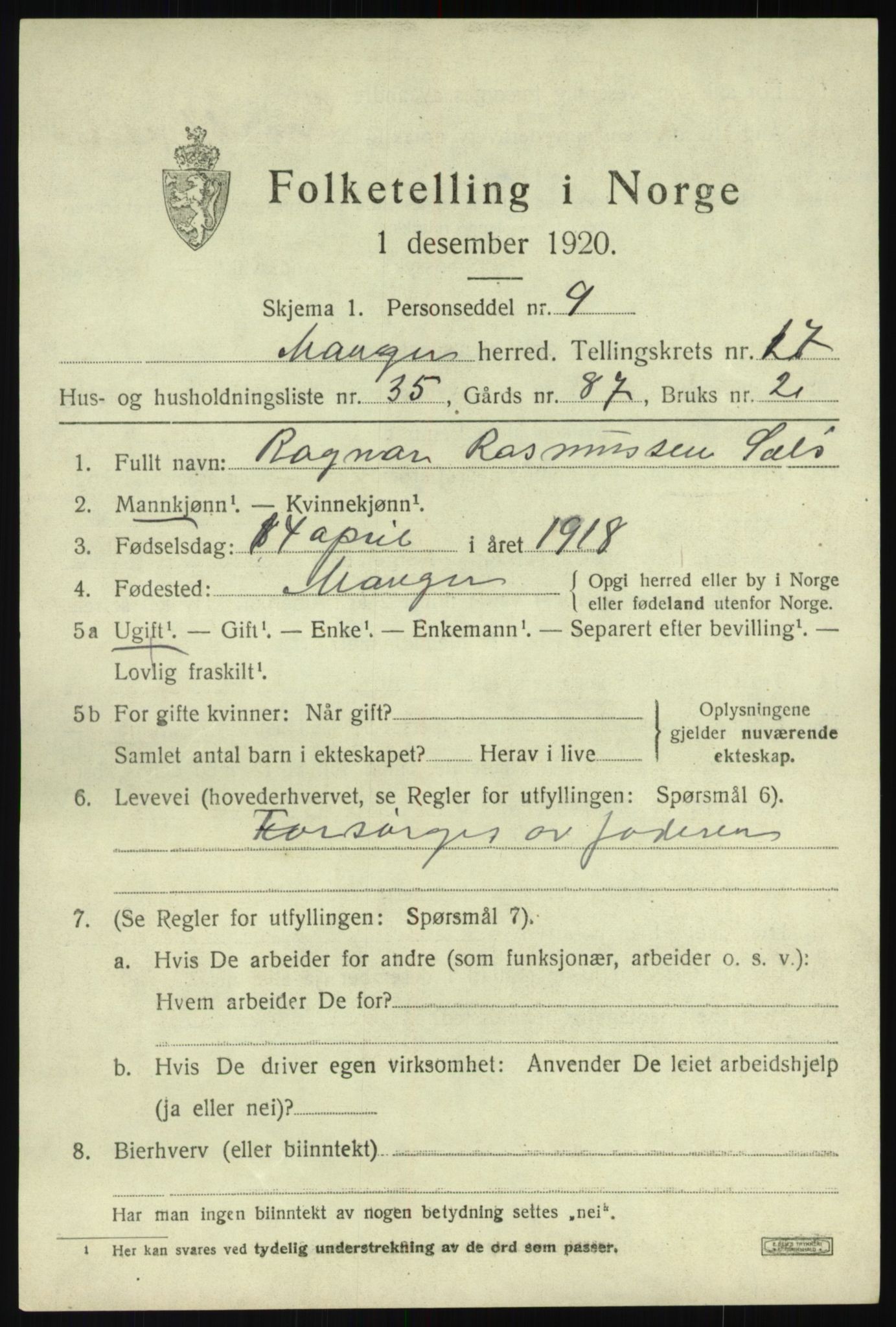 SAB, 1920 census for Manger, 1920, p. 10008