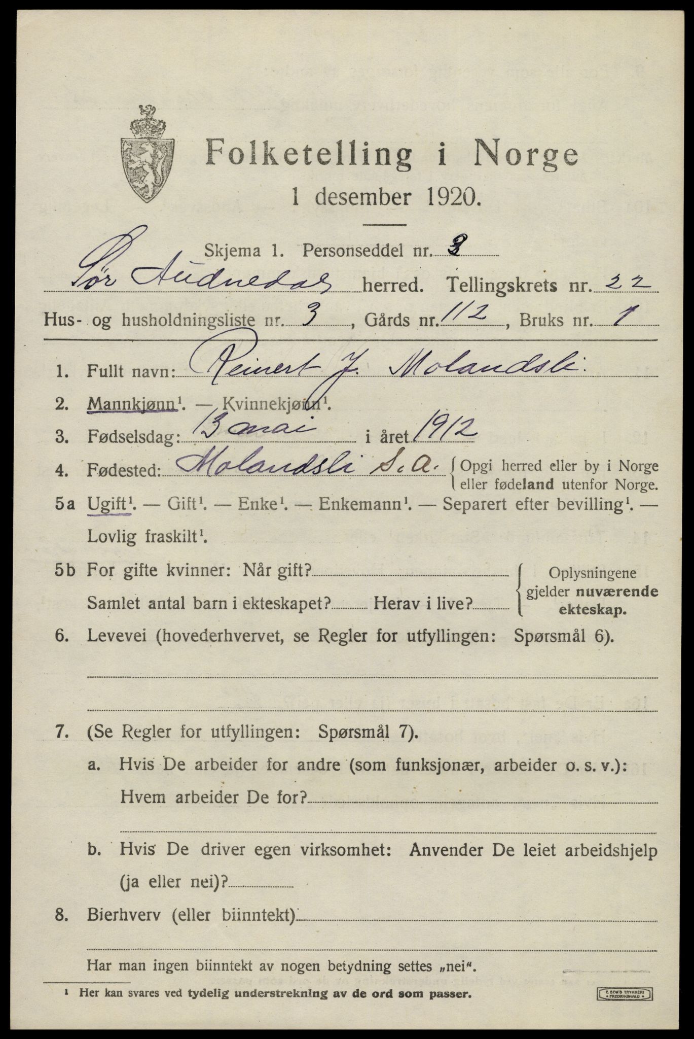 SAK, 1920 census for Sør-Audnedal, 1920, p. 7127
