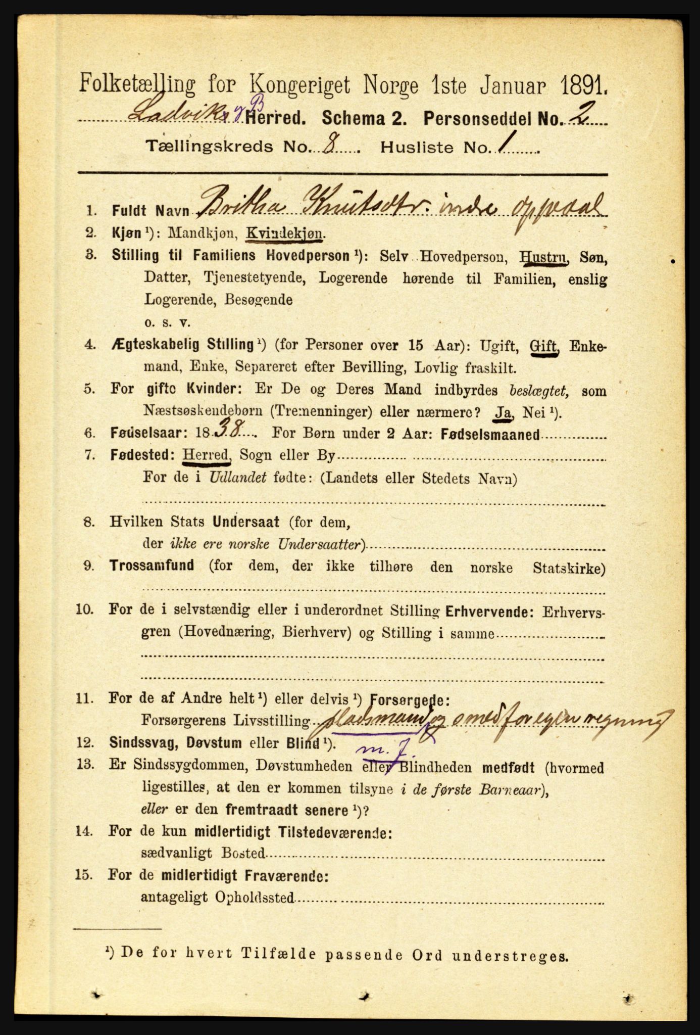 RA, 1891 census for 1415 Lavik og Brekke, 1891, p. 1502