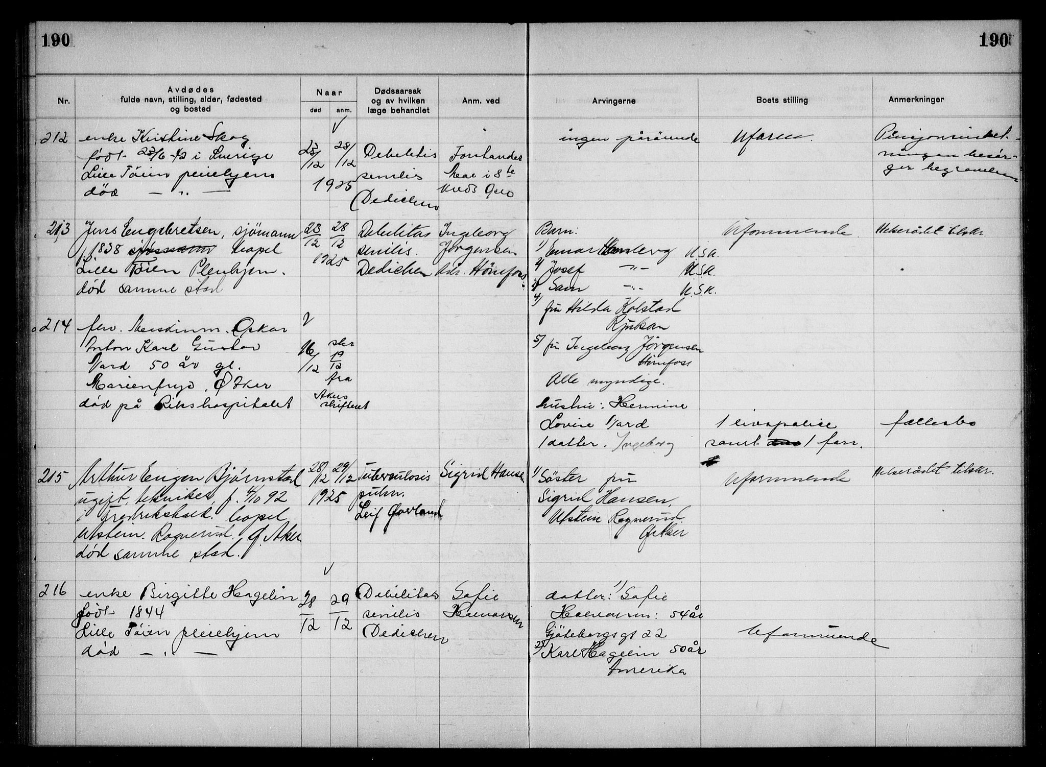 Aker kriminaldommer, skifte- og auksjonsforvalterembete, AV/SAO-A-10452/H/Hb/Hba/Hbac/L0001: Dødsfallsprotokoll for Østre Aker, 1922-1927, p. 190