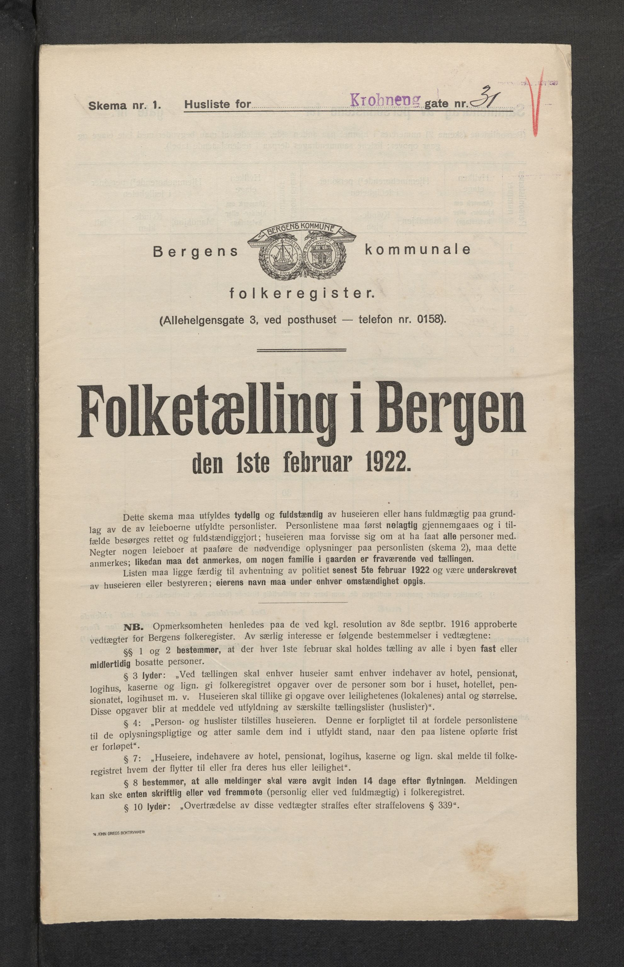 SAB, Municipal Census 1922 for Bergen, 1922, p. 20708