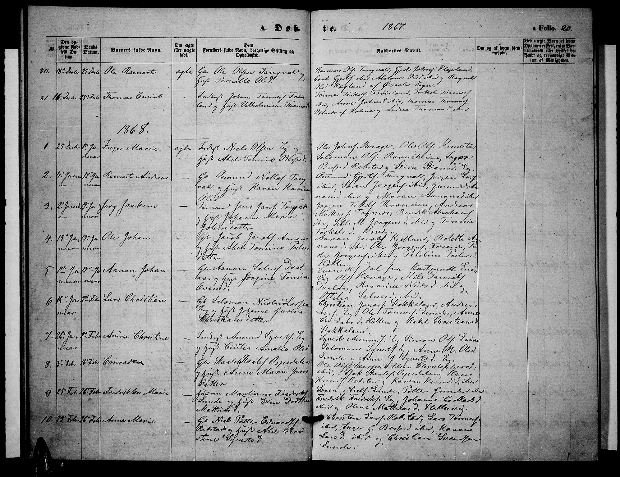 Søgne sokneprestkontor, AV/SAK-1111-0037/F/Fb/Fbb/L0004: Parish register (copy) no. B 4, 1864-1883, p. 20