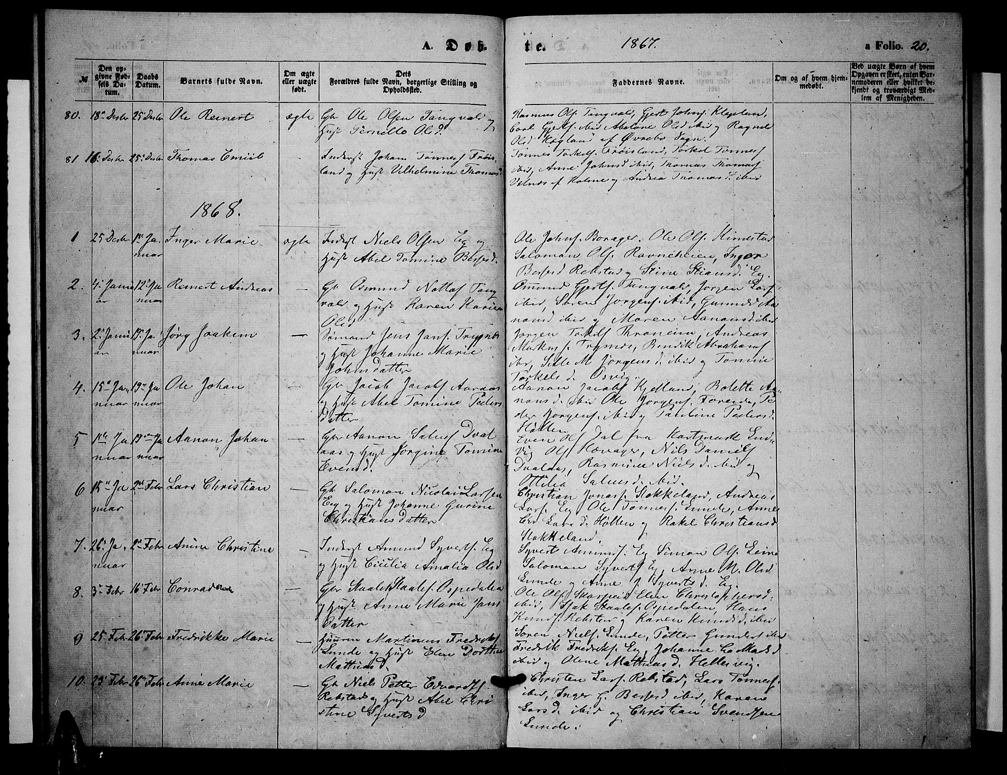 Søgne sokneprestkontor, SAK/1111-0037/F/Fb/Fbb/L0004: Parish register (copy) no. B 4, 1864-1883, p. 20