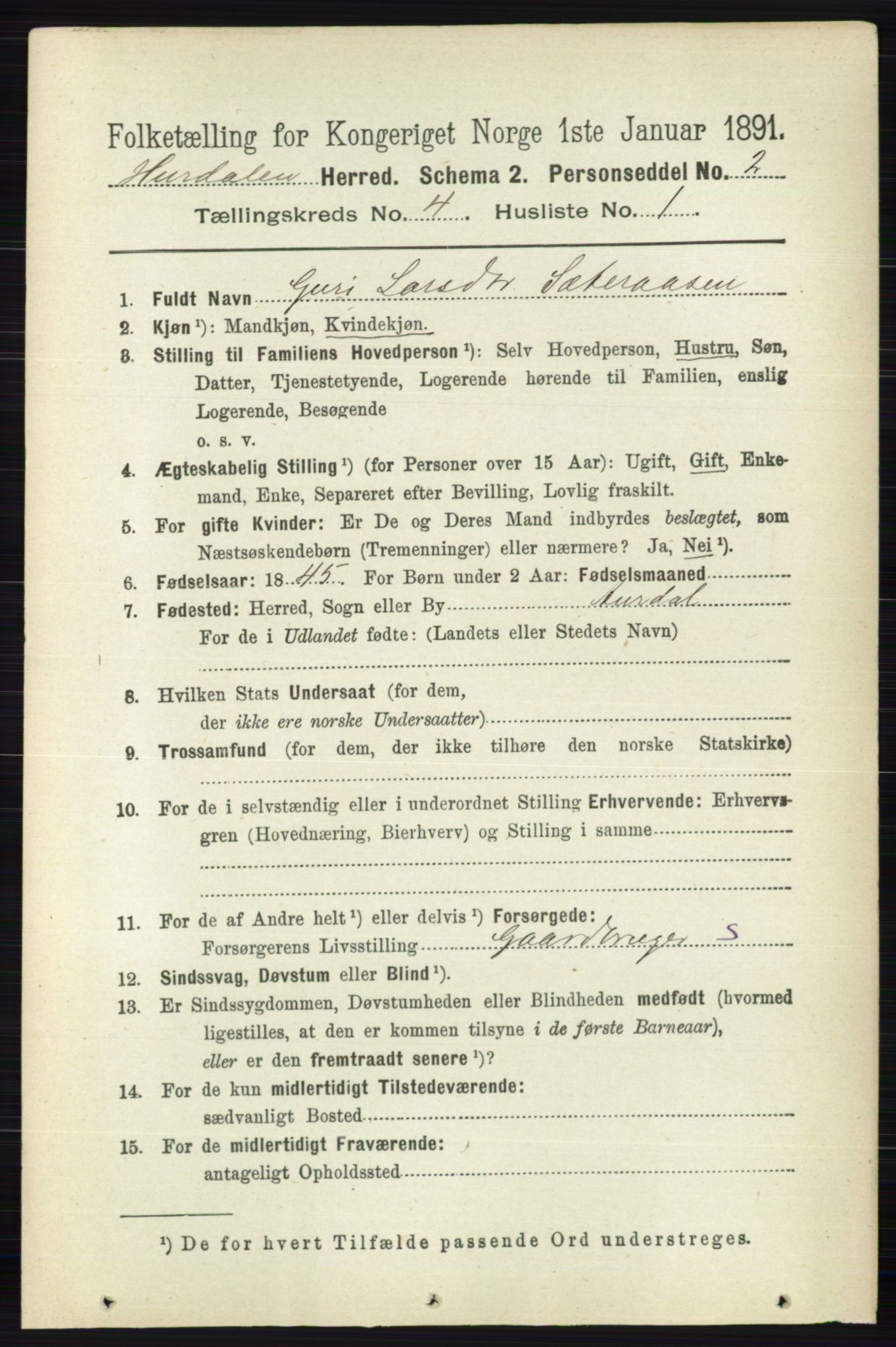 RA, 1891 census for 0239 Hurdal, 1891, p. 1430