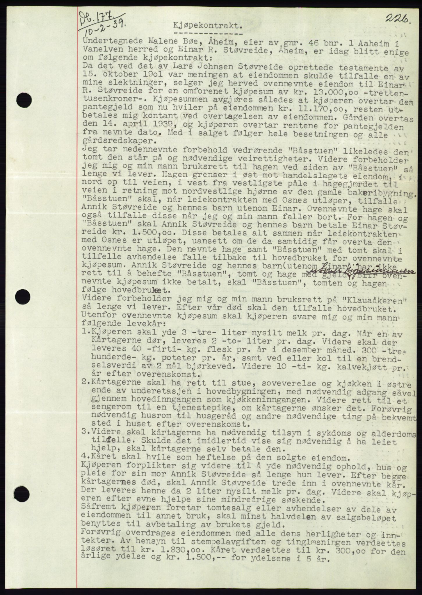 Søre Sunnmøre sorenskriveri, AV/SAT-A-4122/1/2/2C/L0067: Mortgage book no. 61, 1938-1939, Diary no: : 177/1939