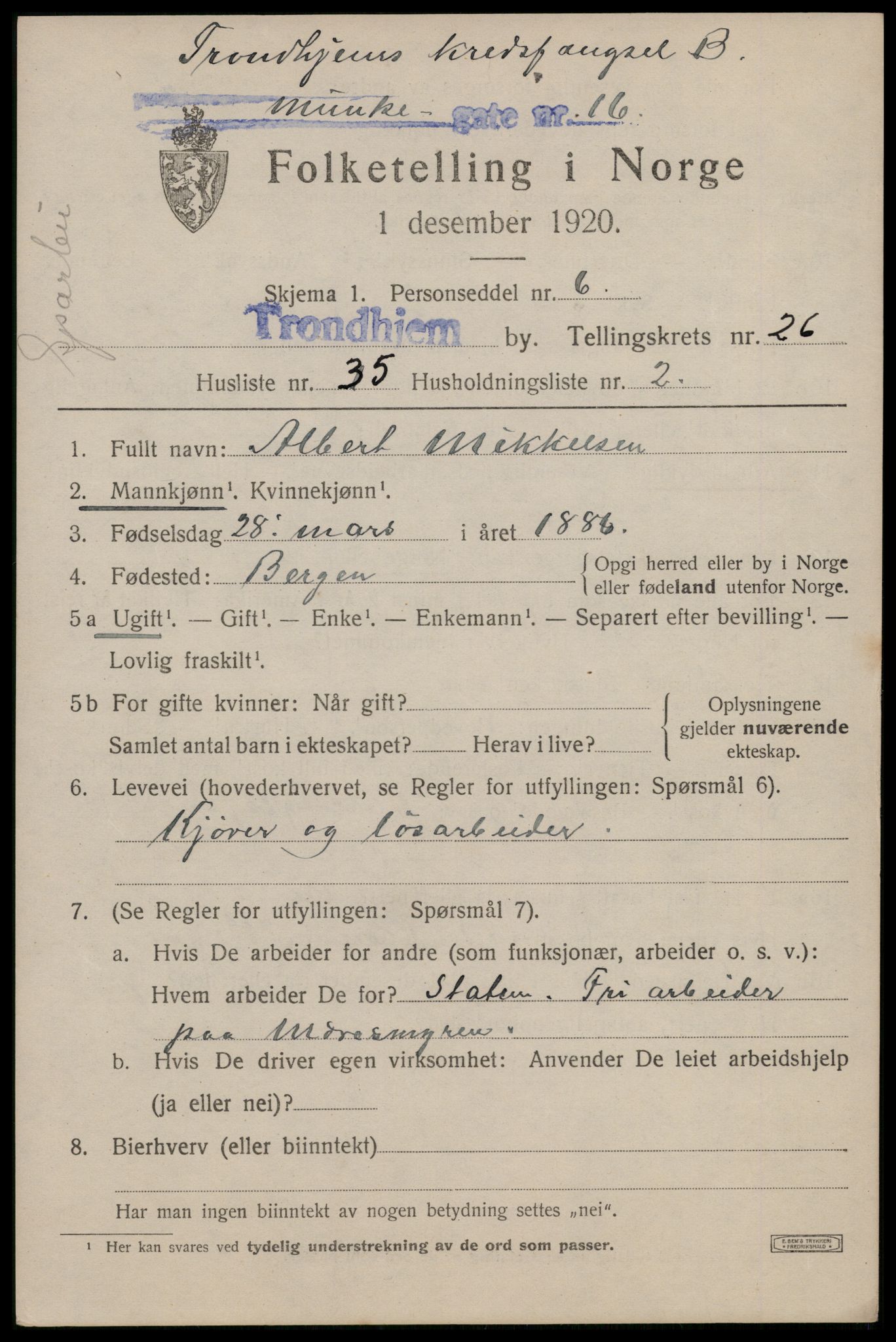 SAT, 1920 census for Trondheim, 1920, p. 69182