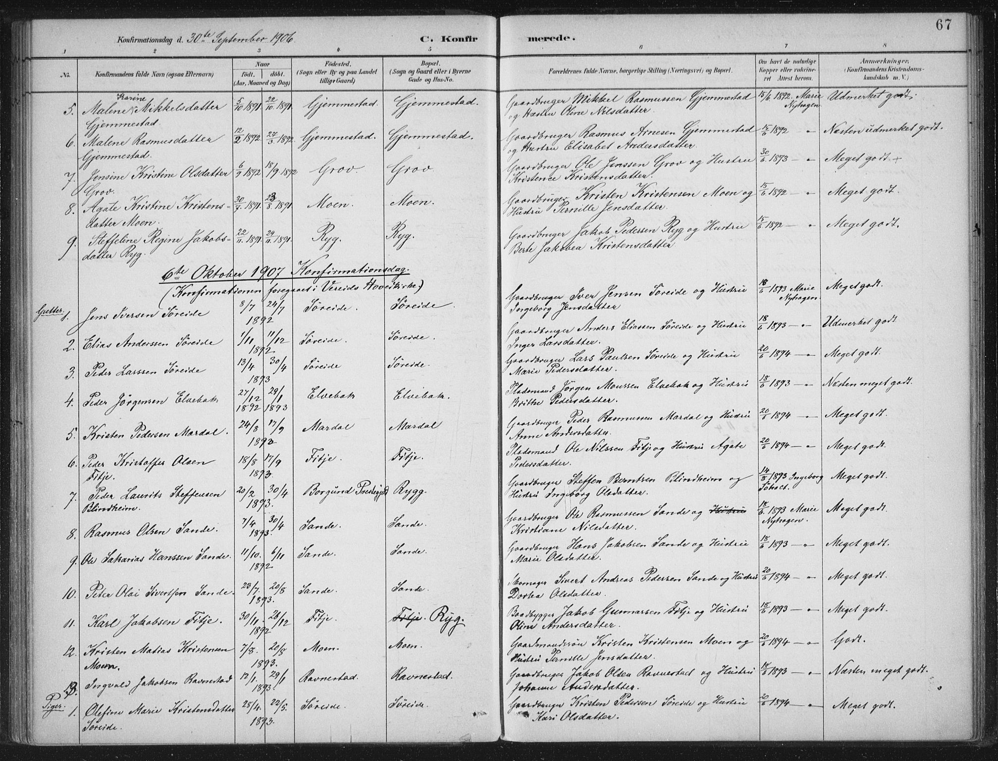 Gloppen sokneprestembete, SAB/A-80101/H/Haa/Haad/L0001: Parish register (official) no. D  1, 1885-1910, p. 67