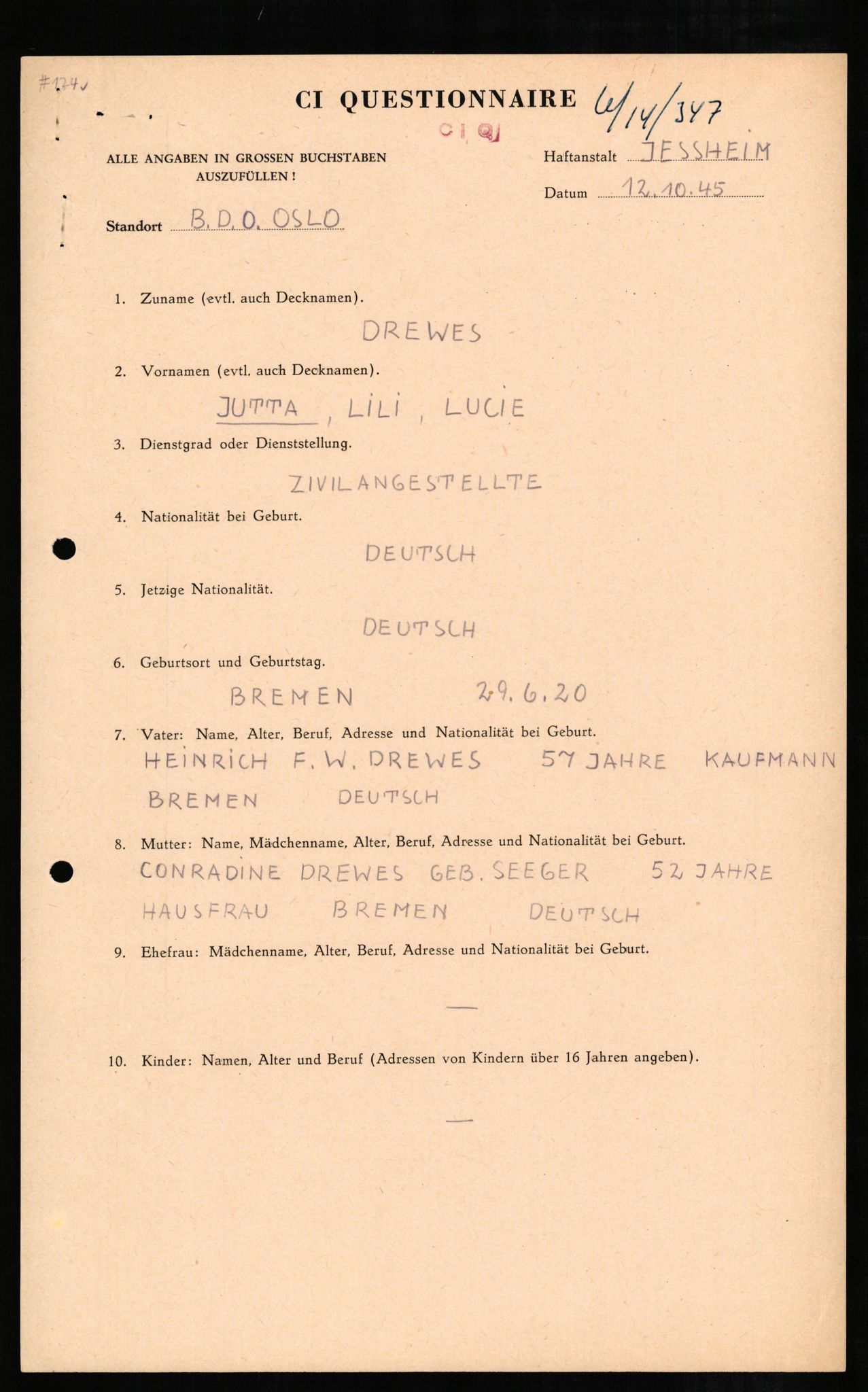 Forsvaret, Forsvarets overkommando II, AV/RA-RAFA-3915/D/Db/L0006: CI Questionaires. Tyske okkupasjonsstyrker i Norge. Tyskere., 1945-1946, p. 230