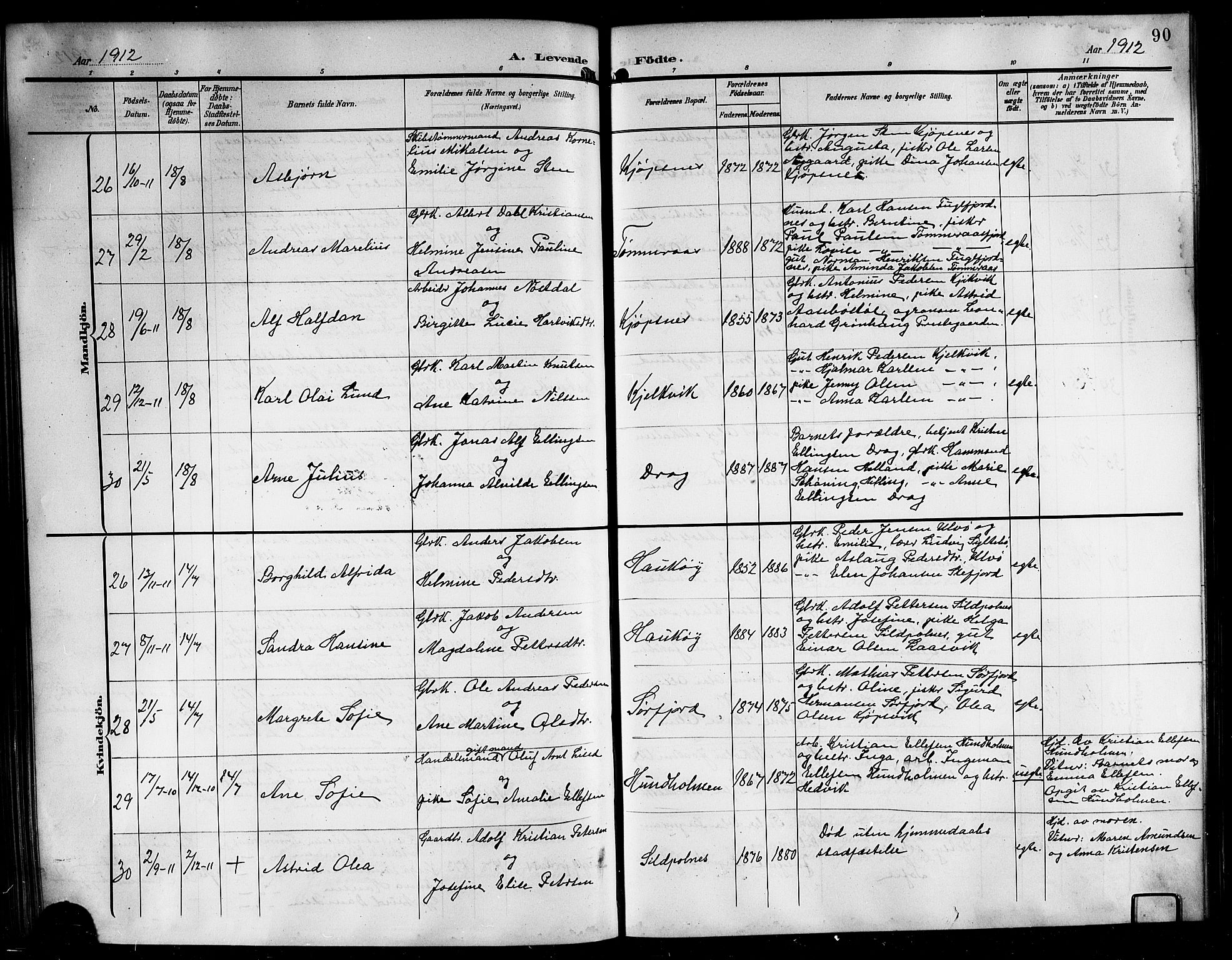 Ministerialprotokoller, klokkerbøker og fødselsregistre - Nordland, SAT/A-1459/861/L0877: Parish register (copy) no. 861C03, 1903-1919, p. 90