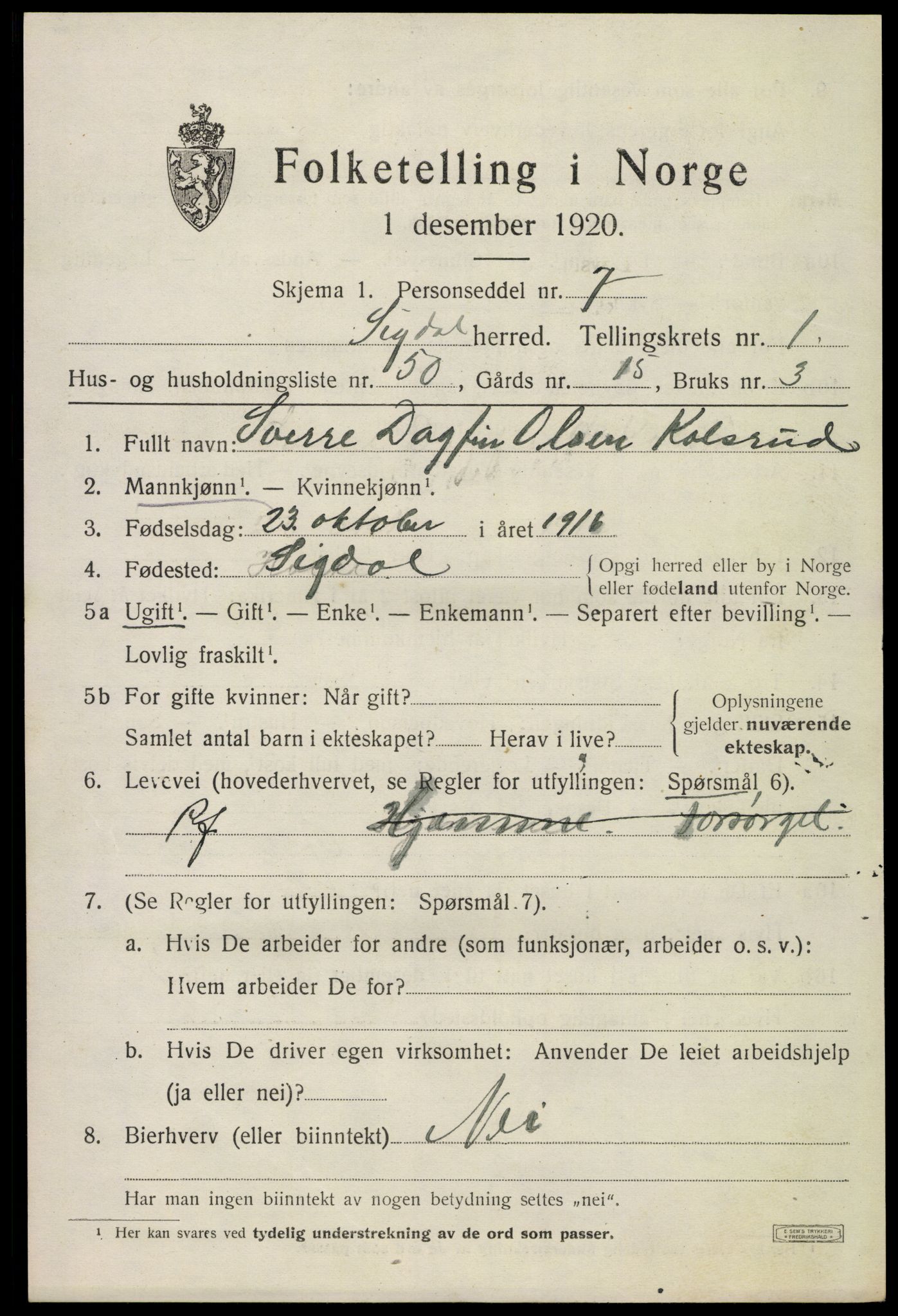 SAKO, 1920 census for Sigdal, 1920, p. 2020