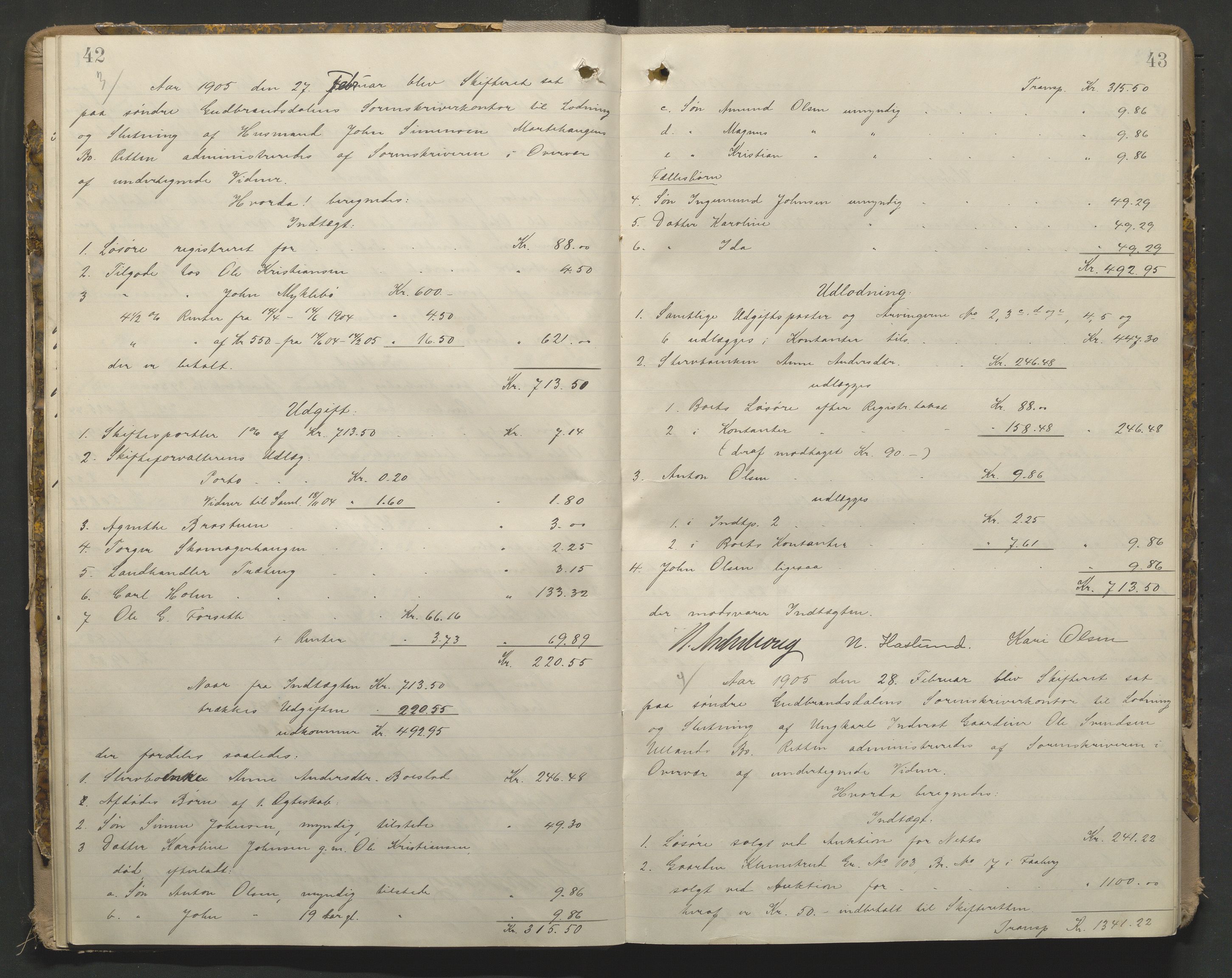 Sør-Gudbrandsdal tingrett, AV/SAH-TING-004/J/Ja/Jae/L0001: Skifteutlodningsprotokoll - landet, 1903-1912, p. 42-43