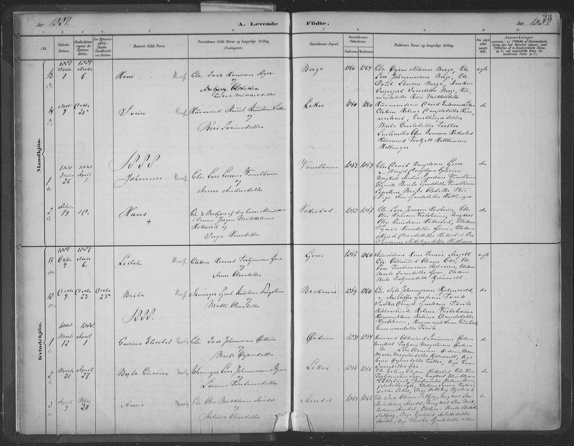 Ulvik sokneprestembete, SAB/A-78801/H/Hab: Parish register (copy) no. A 3, 1883-1908, p. 23