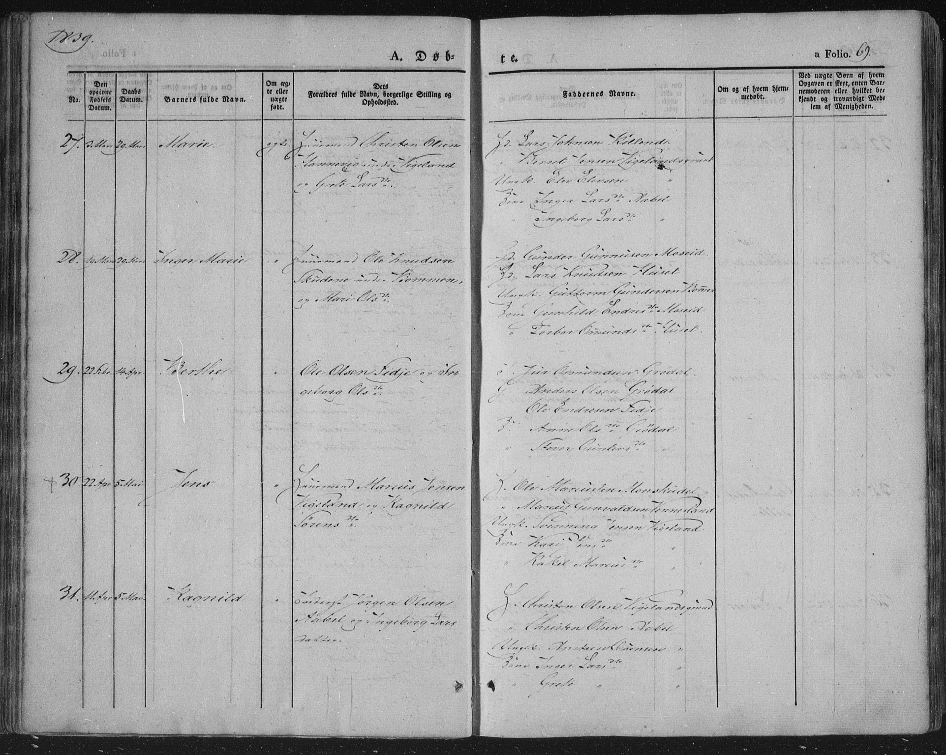 Vennesla sokneprestkontor, AV/SAK-1111-0045/Fa/Fac/L0004: Parish register (official) no. A 4, 1834-1855, p. 69