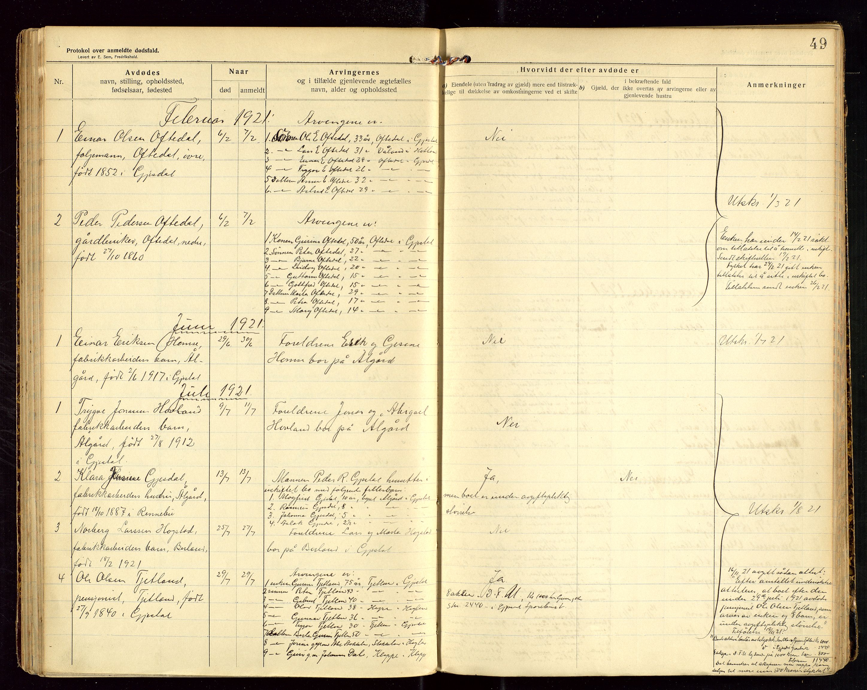 Gjesdal lensmannskontor, AV/SAST-A-100441/Gga/L0002: Dødsfallprotokoll, 1911-1933, p. 49