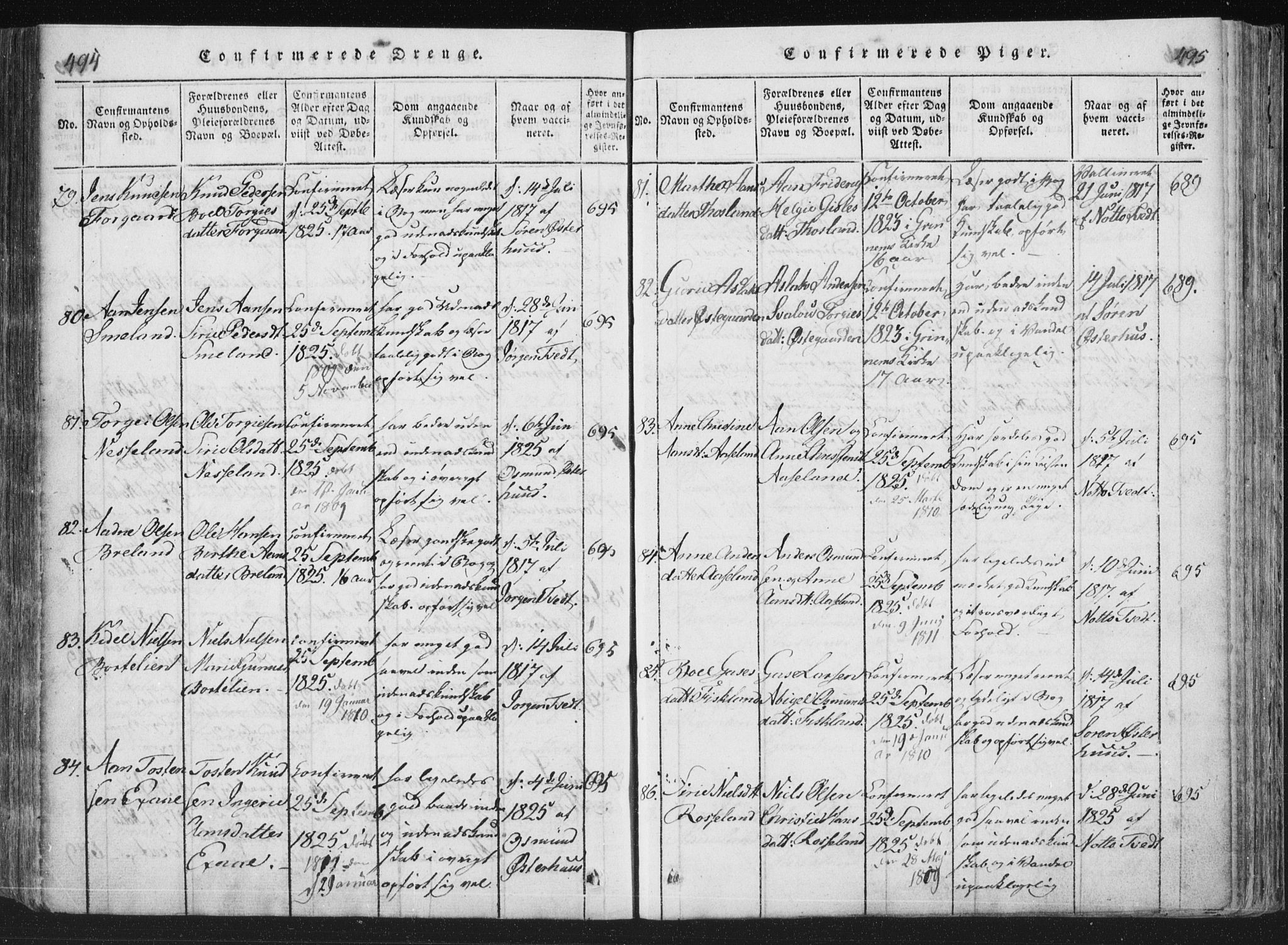 Åseral sokneprestkontor, SAK/1111-0051/F/Fa/L0001: Parish register (official) no. A 1, 1815-1853, p. 494-495