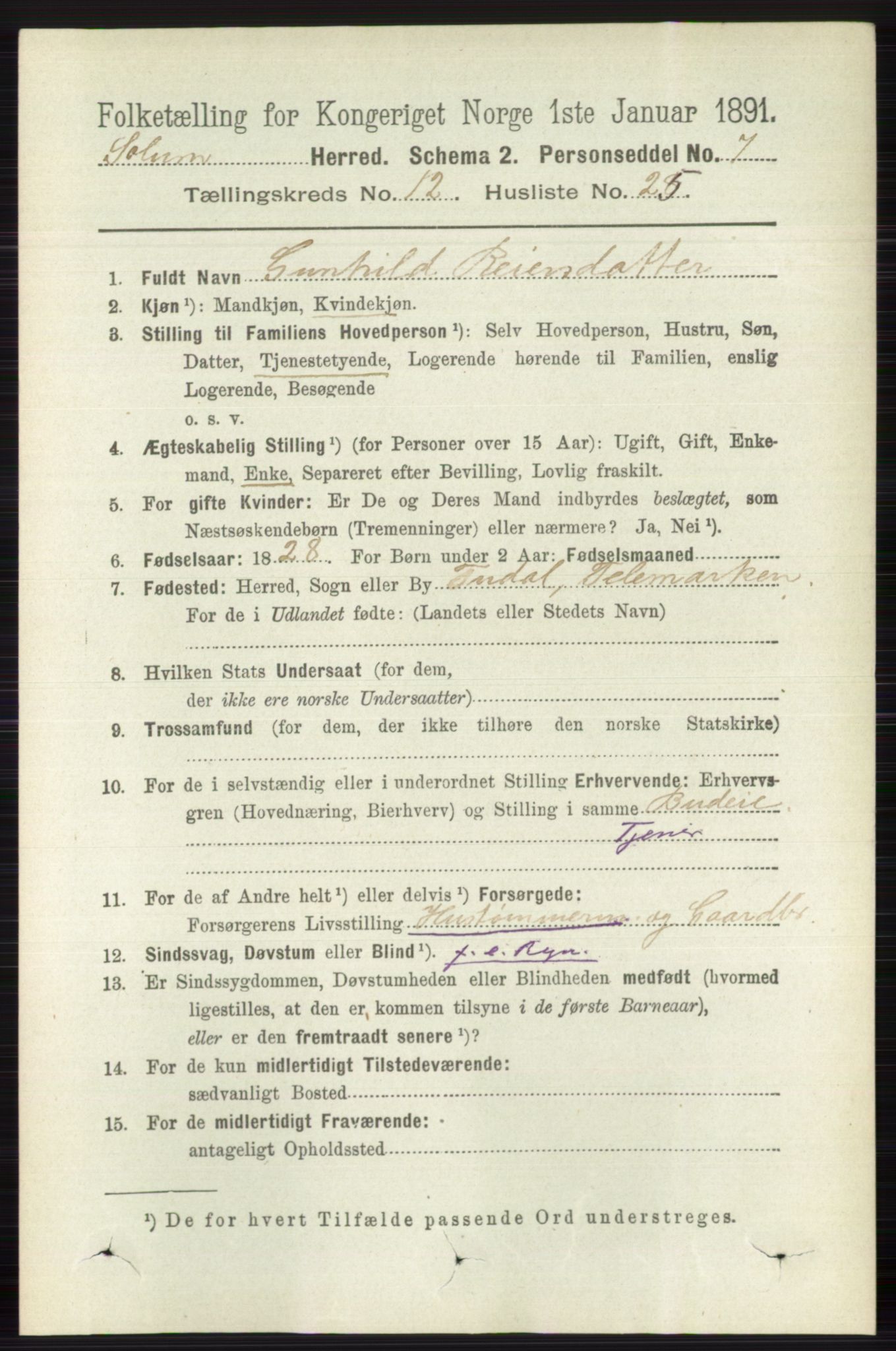 RA, 1891 census for 0818 Solum, 1891, p. 5737