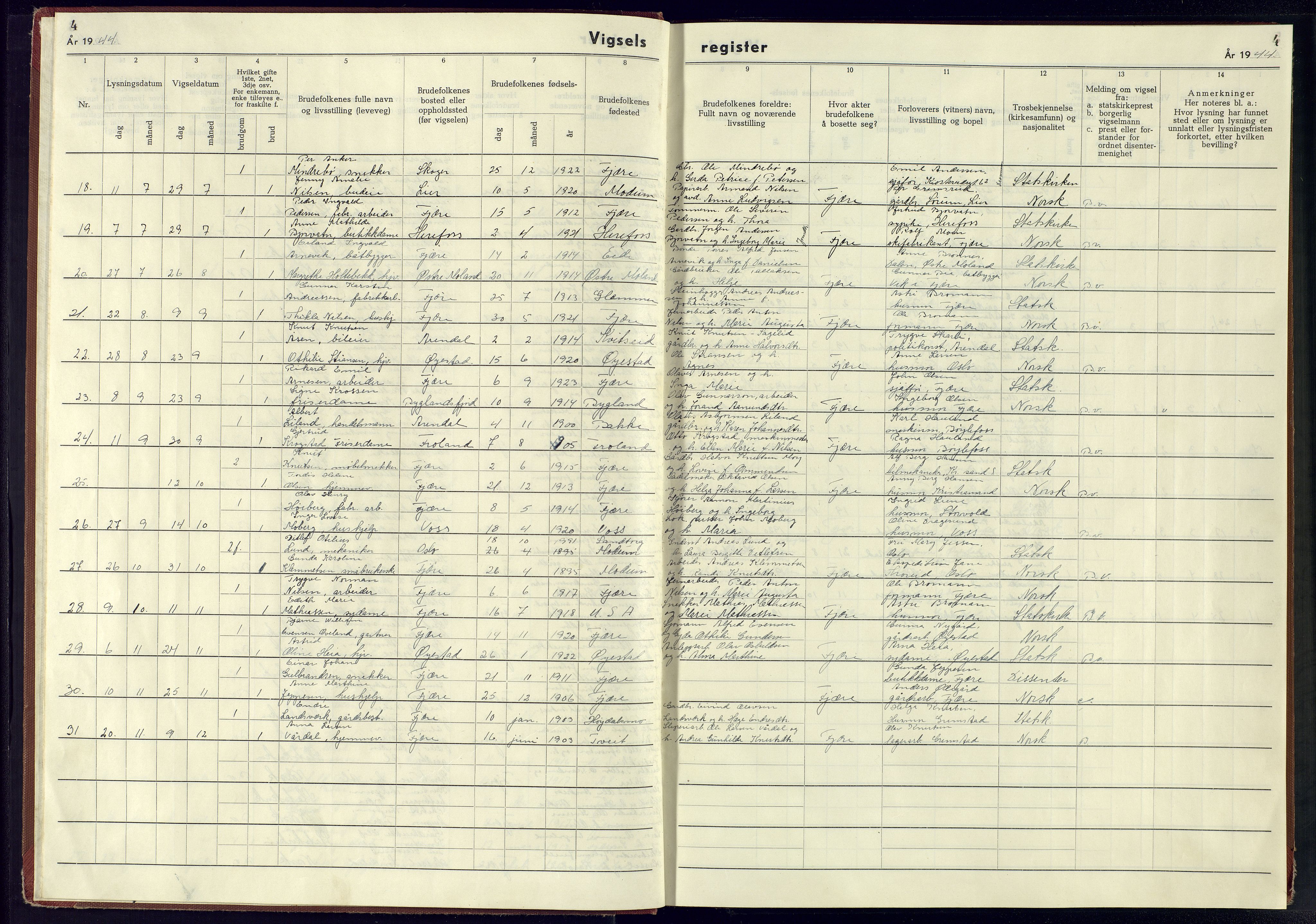 Fjære sokneprestkontor, SAK/1111-0011/J/Je/L0002: Marriage register no. 2, 1943-1945, p. 4