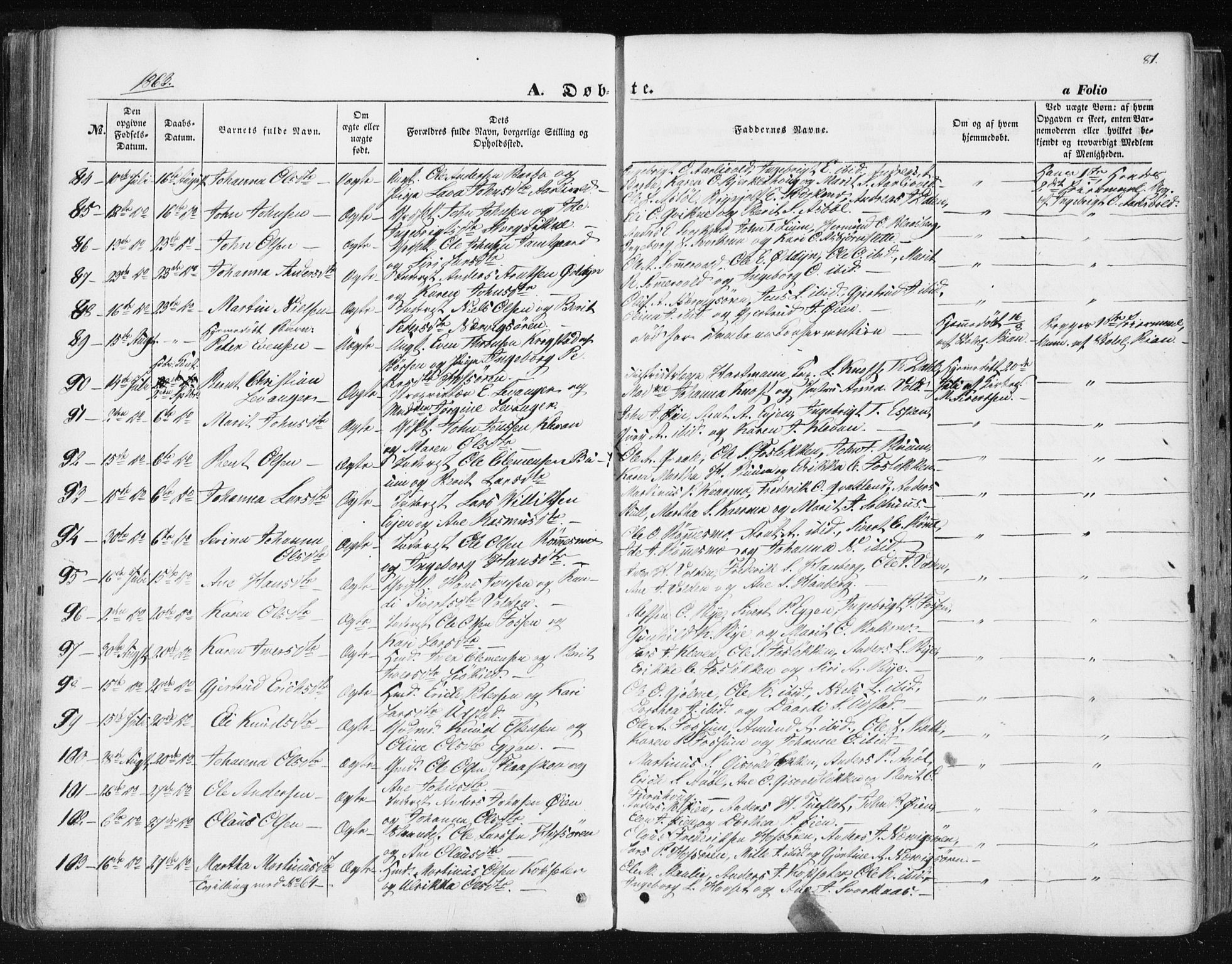 Ministerialprotokoller, klokkerbøker og fødselsregistre - Sør-Trøndelag, AV/SAT-A-1456/668/L0806: Parish register (official) no. 668A06, 1854-1869, p. 81