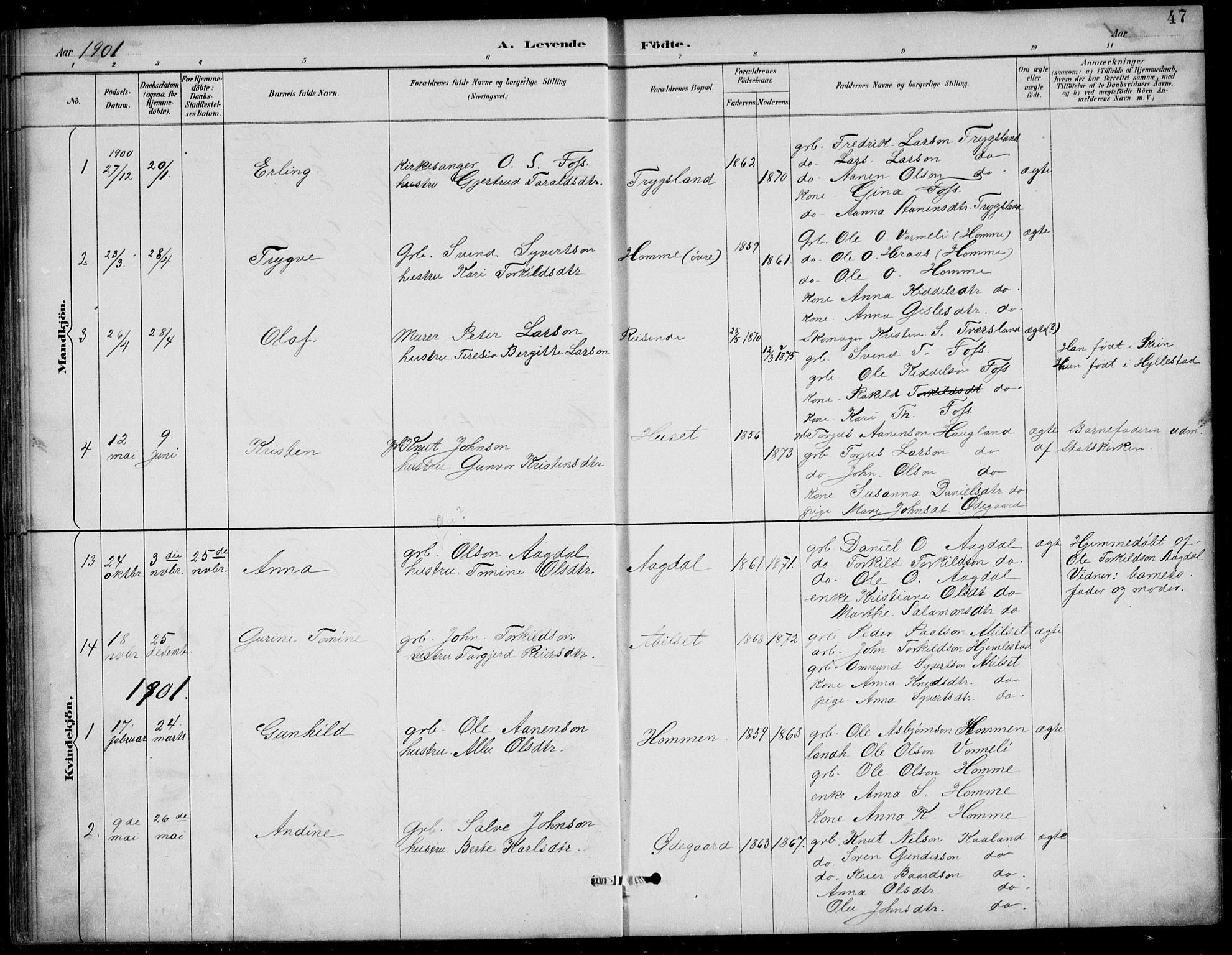 Bjelland sokneprestkontor, SAK/1111-0005/F/Fb/Fba/L0005: Parish register (copy) no. B 5, 1887-1923, p. 47