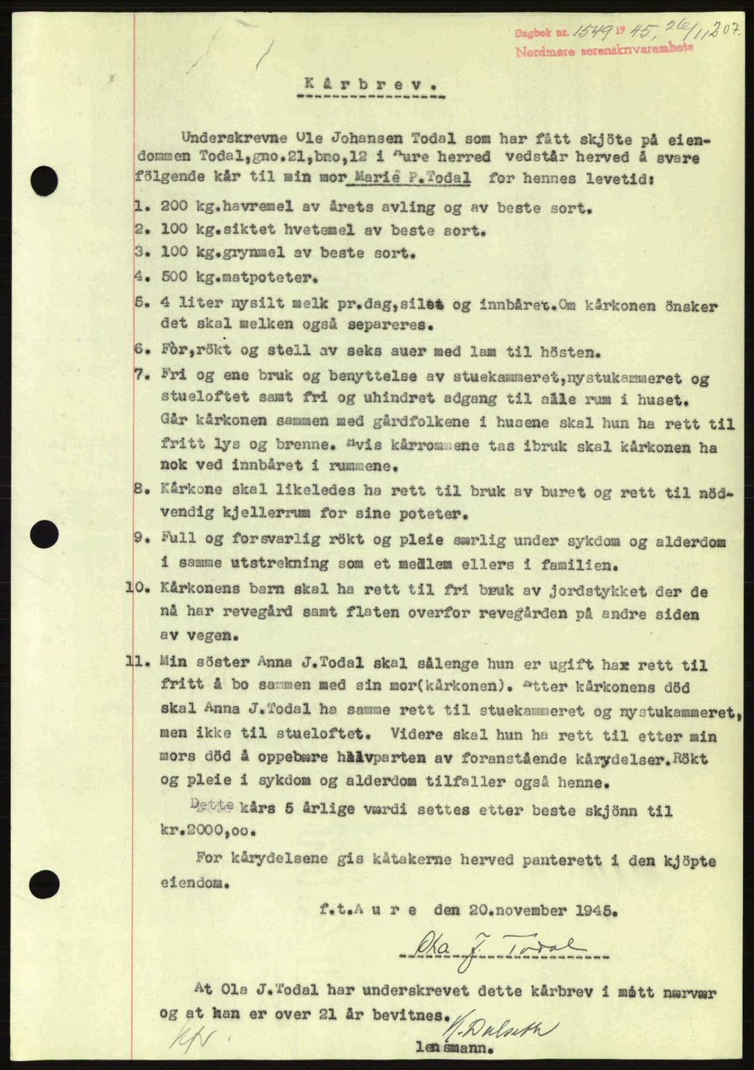 Nordmøre sorenskriveri, AV/SAT-A-4132/1/2/2Ca: Mortgage book no. B93a, 1945-1945, Diary no: : 1549/1945