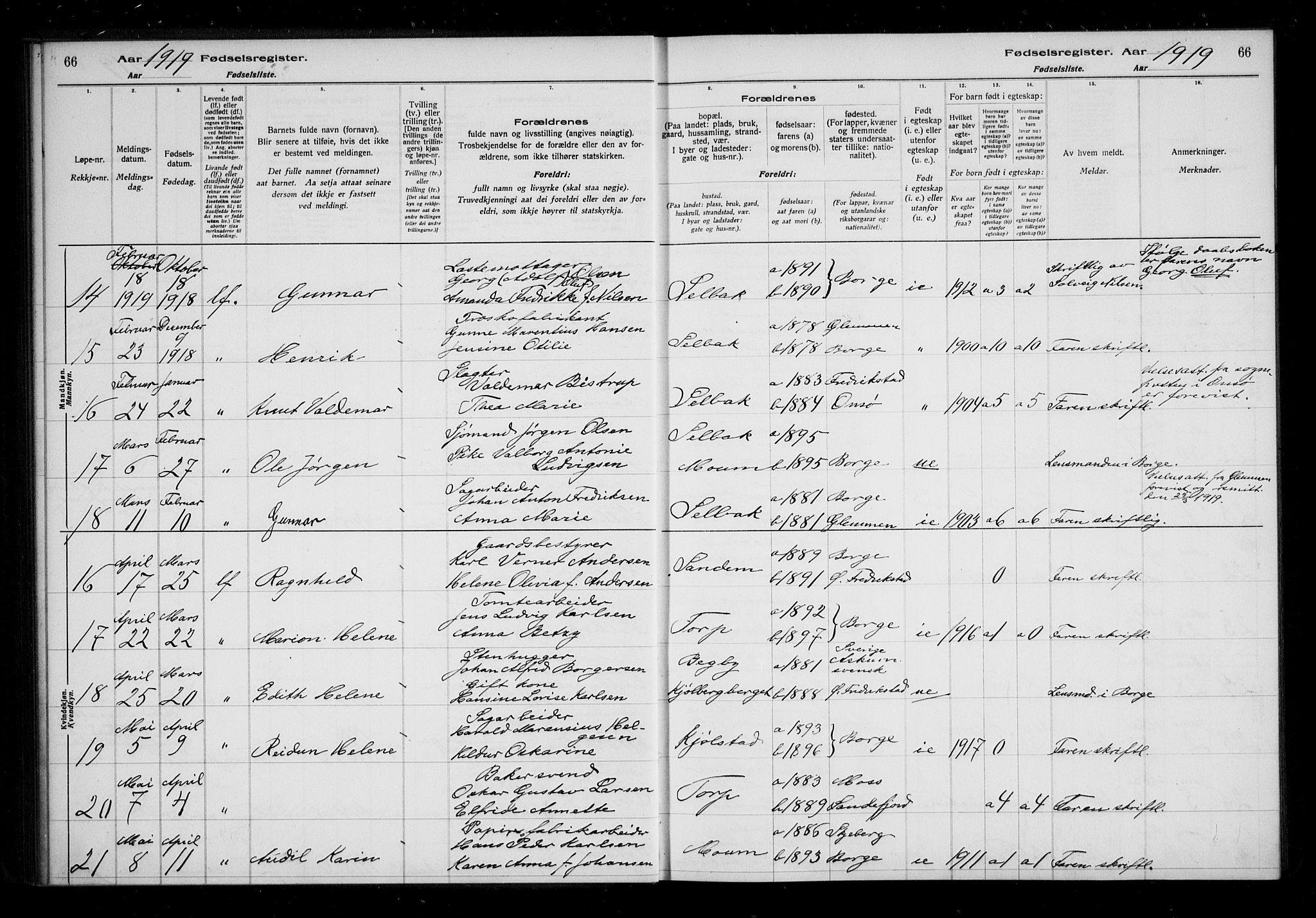 Borge prestekontor Kirkebøker, AV/SAO-A-10903/J/Ja/L0001: Birth register no. I 1, 1916-1925, p. 66