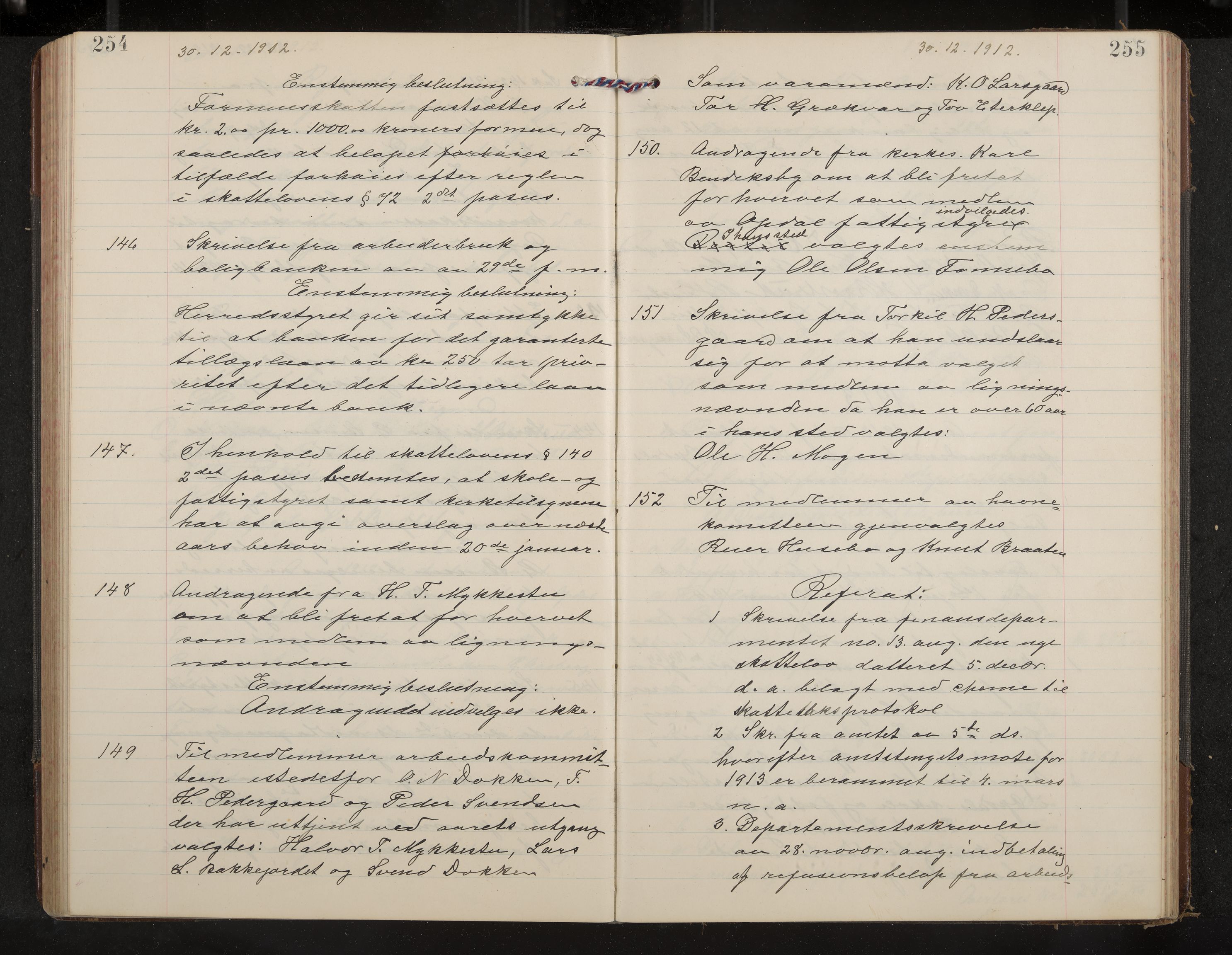 Uvdal formannskap og sentraladministrasjon, IKAK/0634021/A/Aa/L0002: Møtebok, 1909-1915, p. 254-255