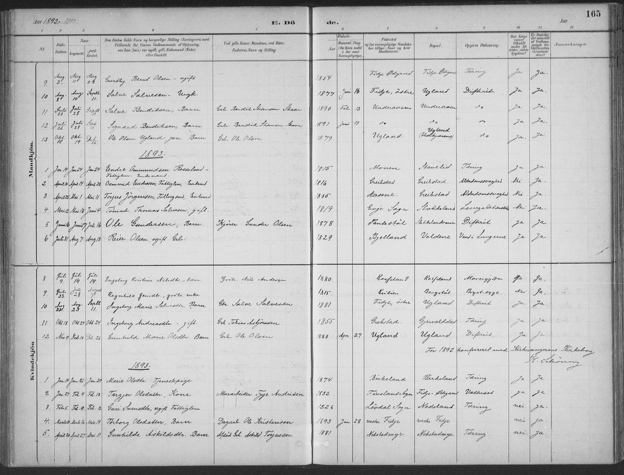 Søgne sokneprestkontor, SAK/1111-0037/F/Fa/Faa/L0003: Parish register (official) no. A 3, 1883-1910, p. 165