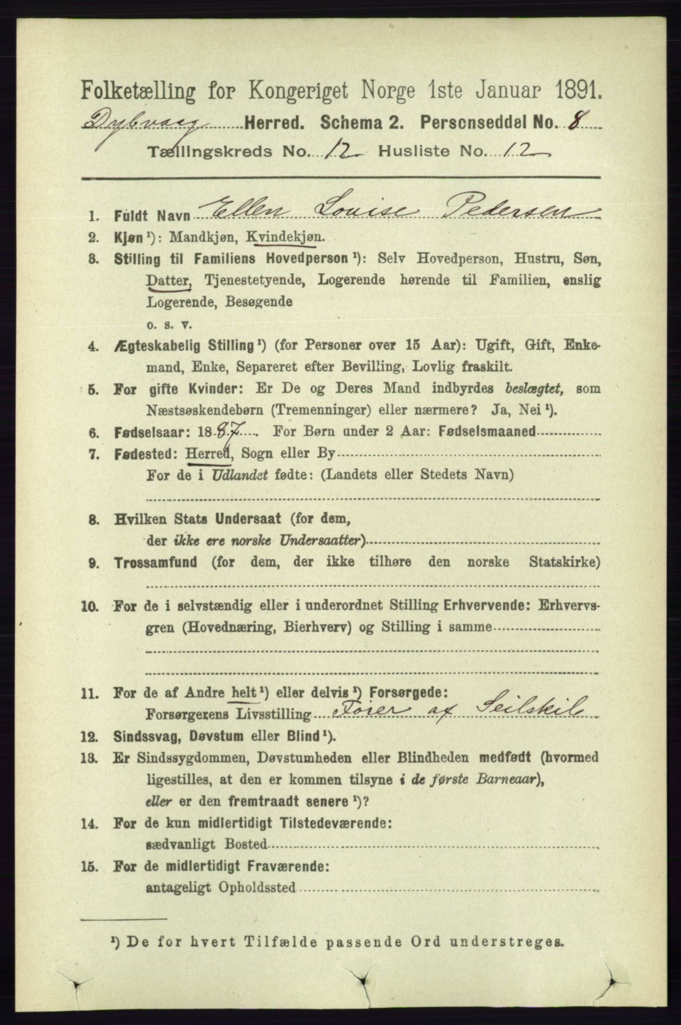 RA, 1891 census for 0915 Dypvåg, 1891, p. 4810