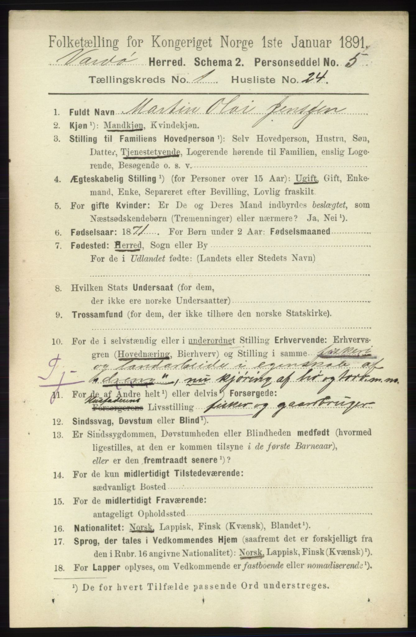 RA, 1891 census for 2028 Vardø, 1891, p. 187