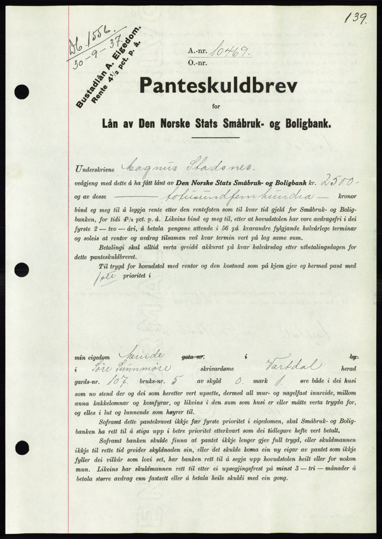 Søre Sunnmøre sorenskriveri, AV/SAT-A-4122/1/2/2C/L0064: Mortgage book no. 58, 1937-1938, Diary no: : 1556/1937