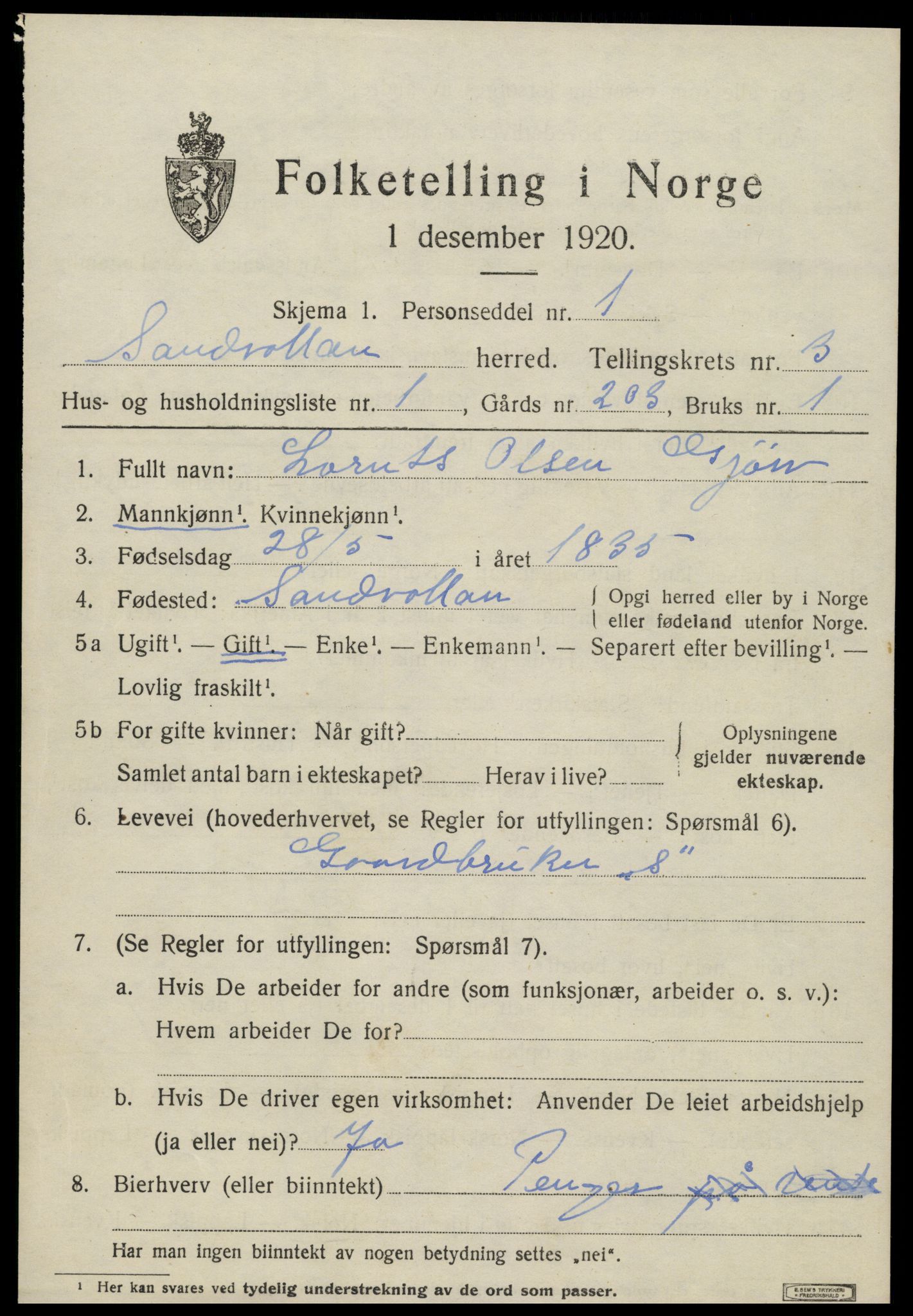 SAT, 1920 census for Sandvollan, 1920, p. 1103