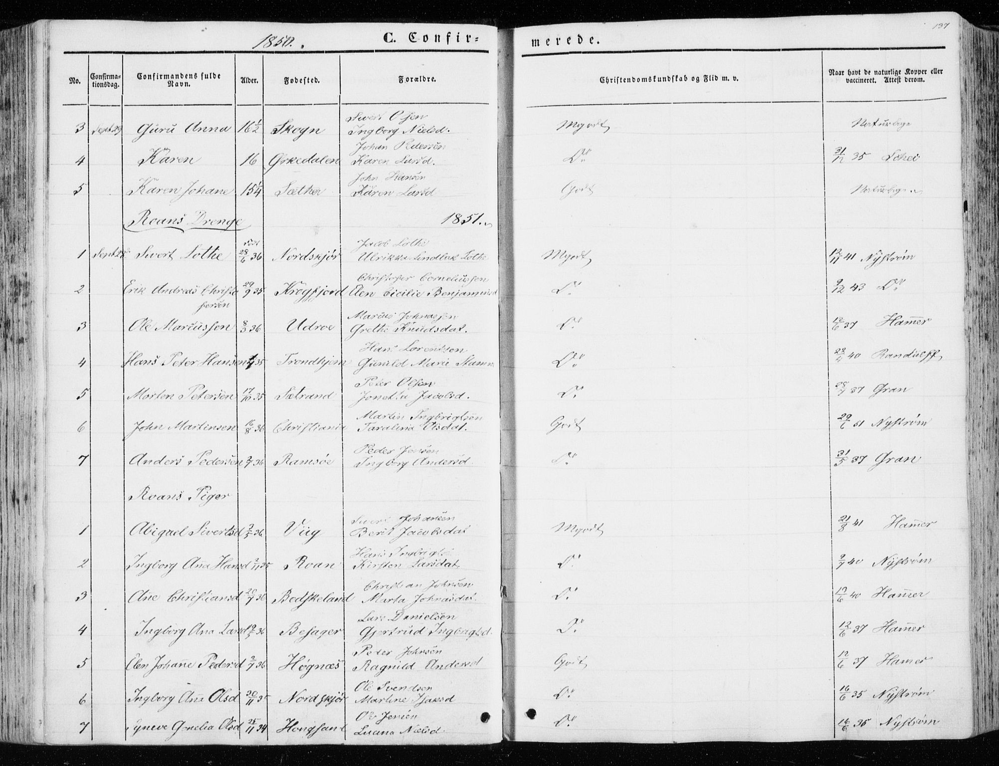 Ministerialprotokoller, klokkerbøker og fødselsregistre - Sør-Trøndelag, SAT/A-1456/657/L0704: Parish register (official) no. 657A05, 1846-1857, p. 137