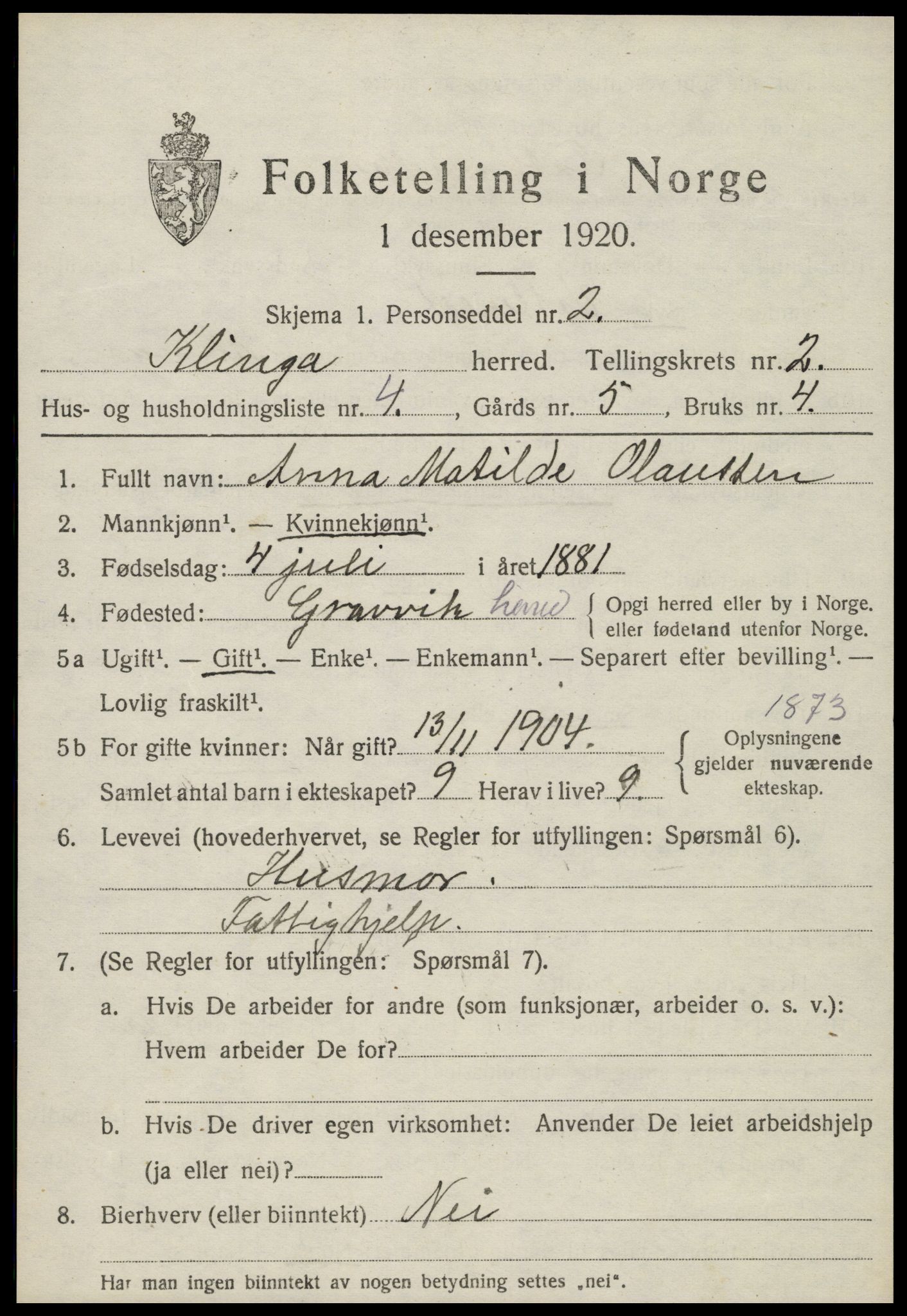 SAT, 1920 census for Klinga, 1920, p. 1421