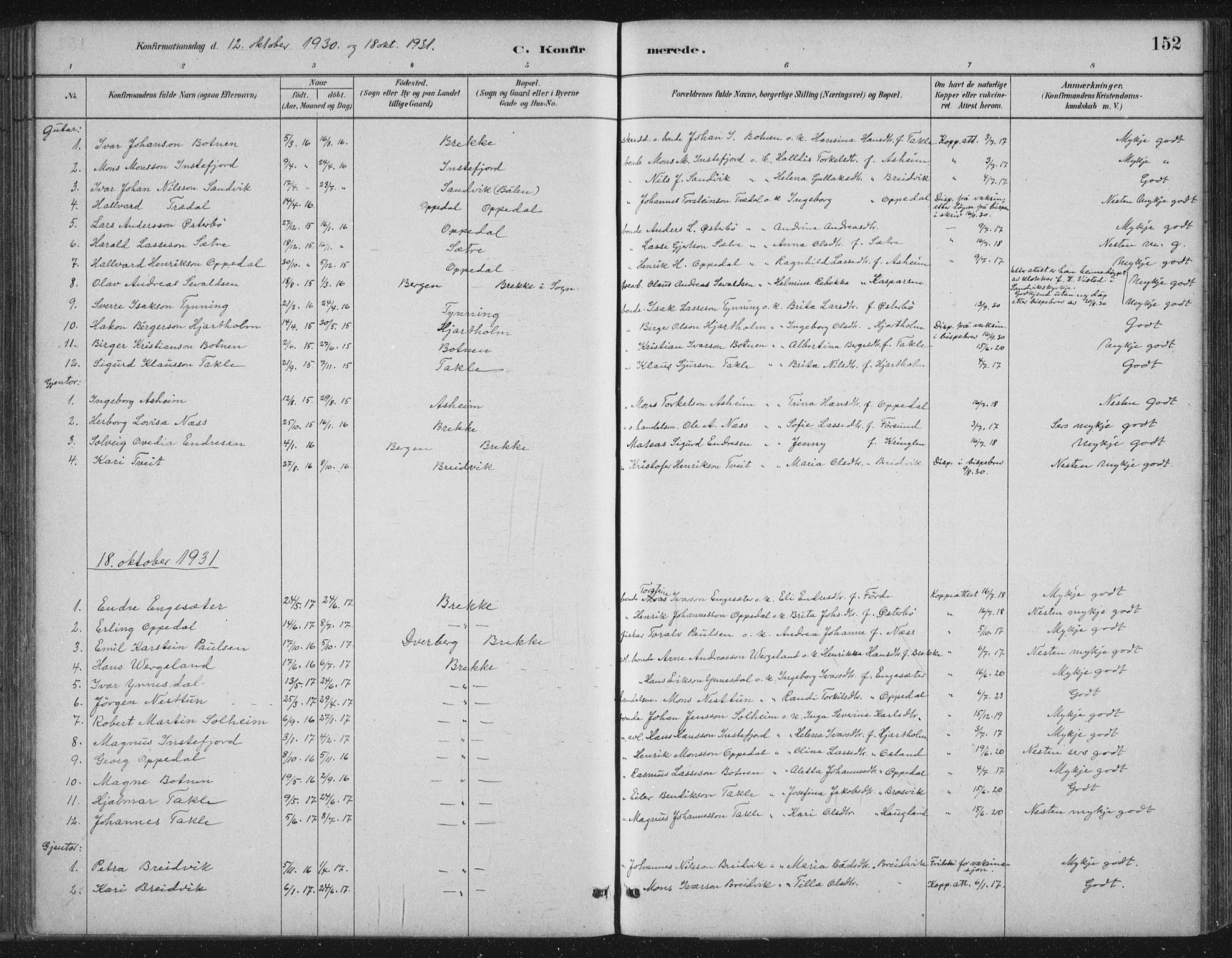 Gulen sokneprestembete, AV/SAB-A-80201/H/Hab/Habc/L0002: Parish register (copy) no. C 2, 1880-1938, p. 152