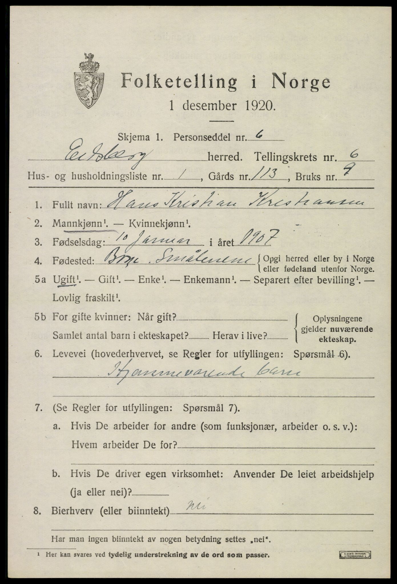 SAO, 1920 census for Eidsberg, 1920, p. 7491