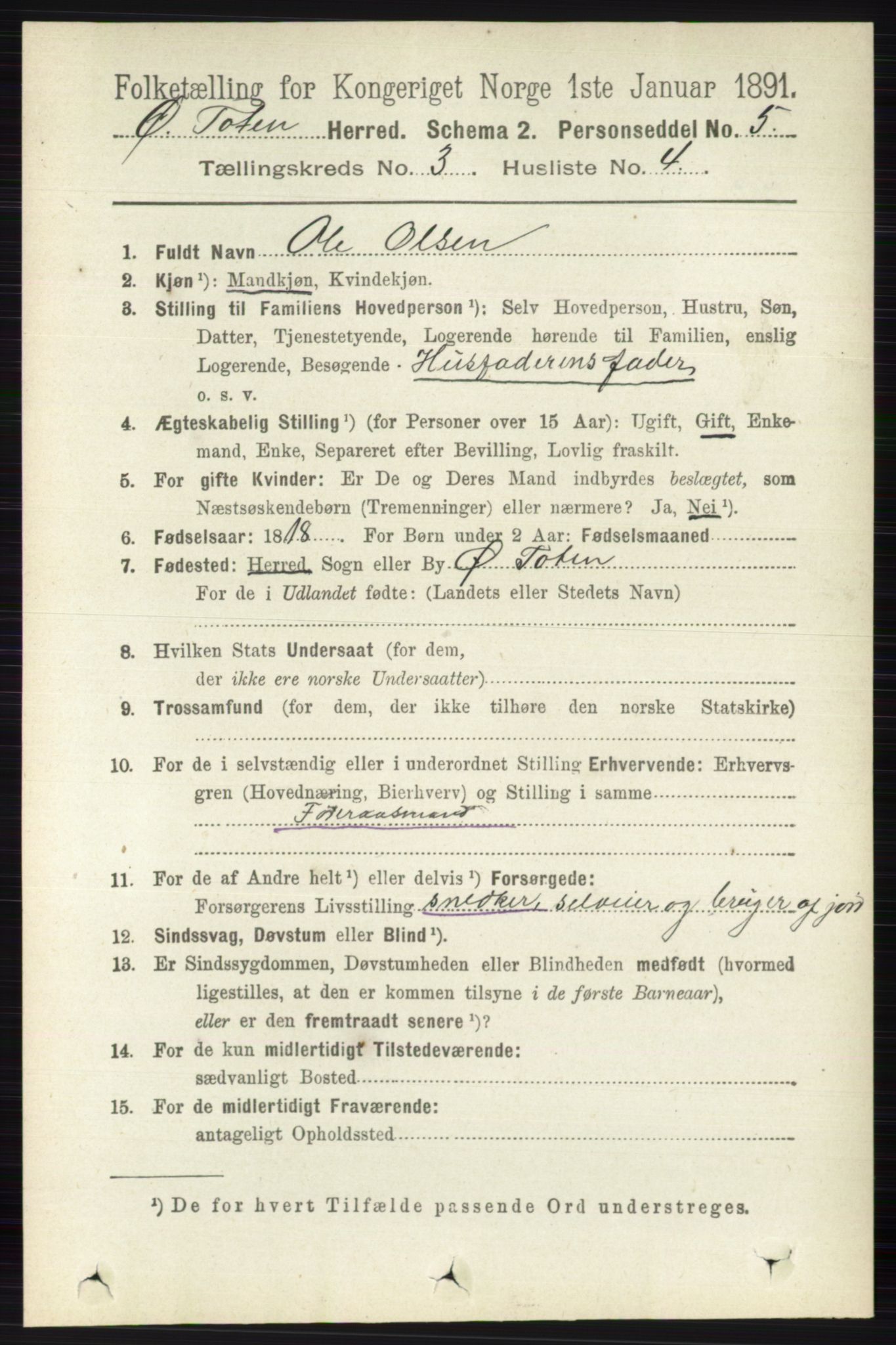 RA, 1891 census for 0528 Østre Toten, 1891, p. 1580