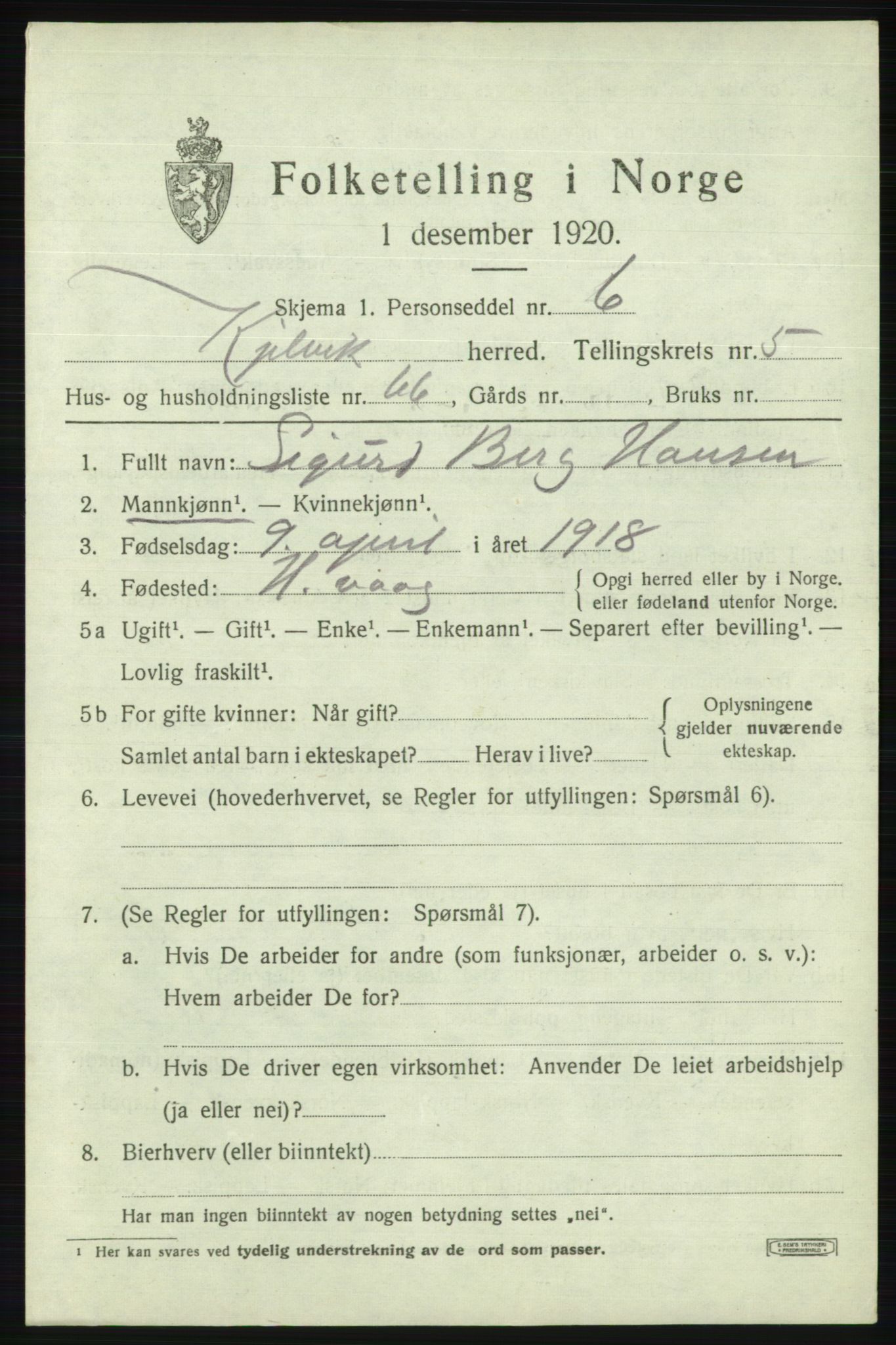 SATØ, 1920 census for Kjelvik, 1920, p. 3105