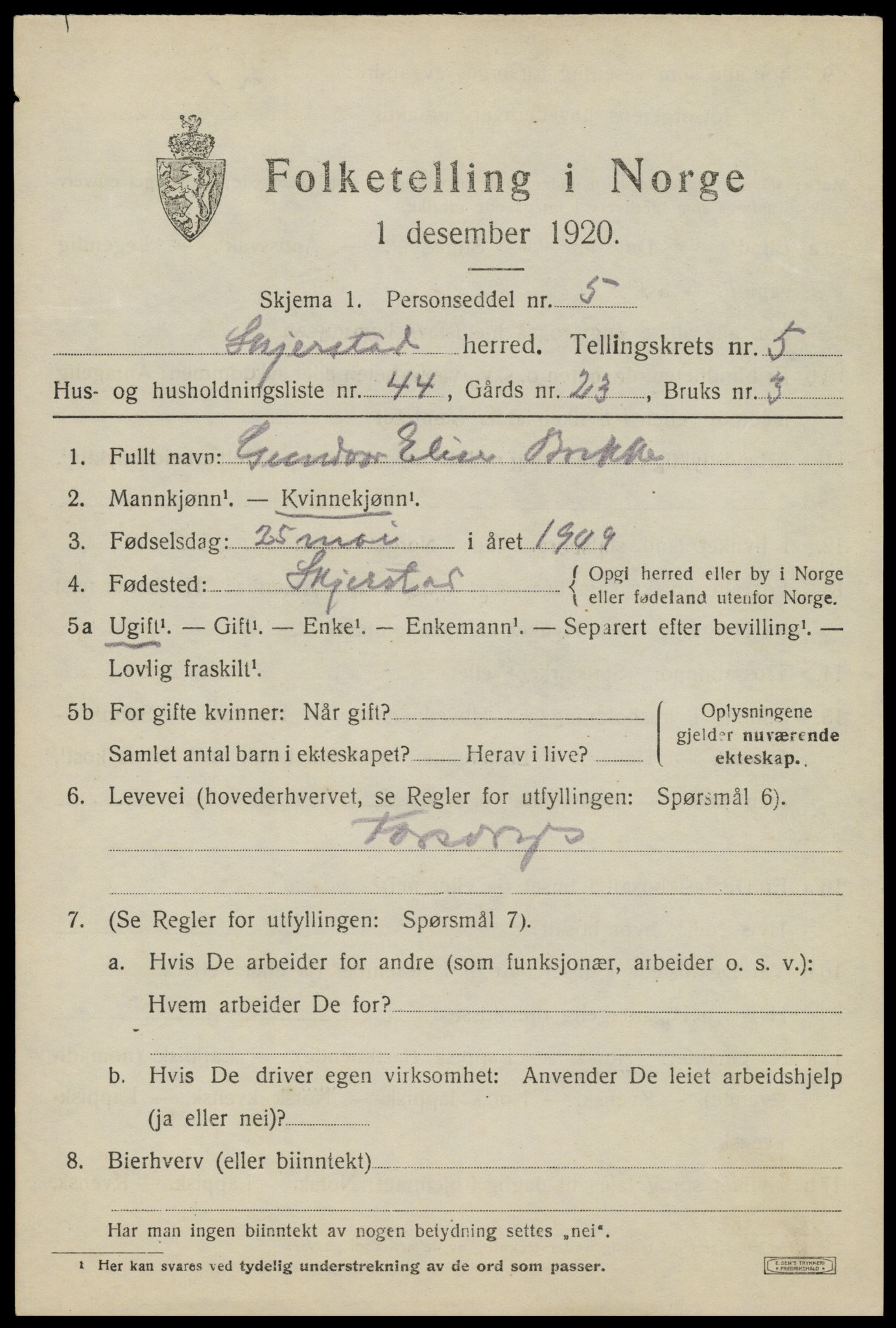 SAT, 1920 census for Skjerstad, 1920, p. 2141